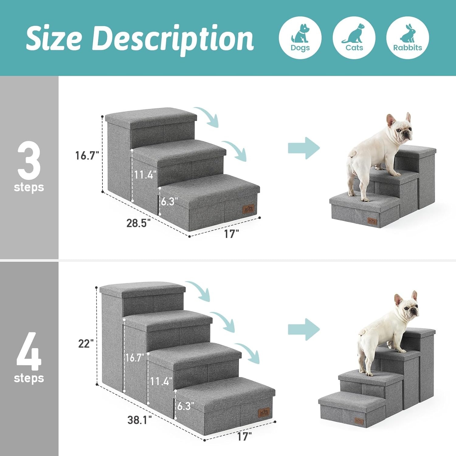 image:imageDog Stairs with Storage 3Step Wider Sturdy Dog Steps for SmallMediumLarge Dogs and Older Cats Folding Doggie Ramp for BedCouchCar Hold Up to 180 lbs 167 H GreyGrey