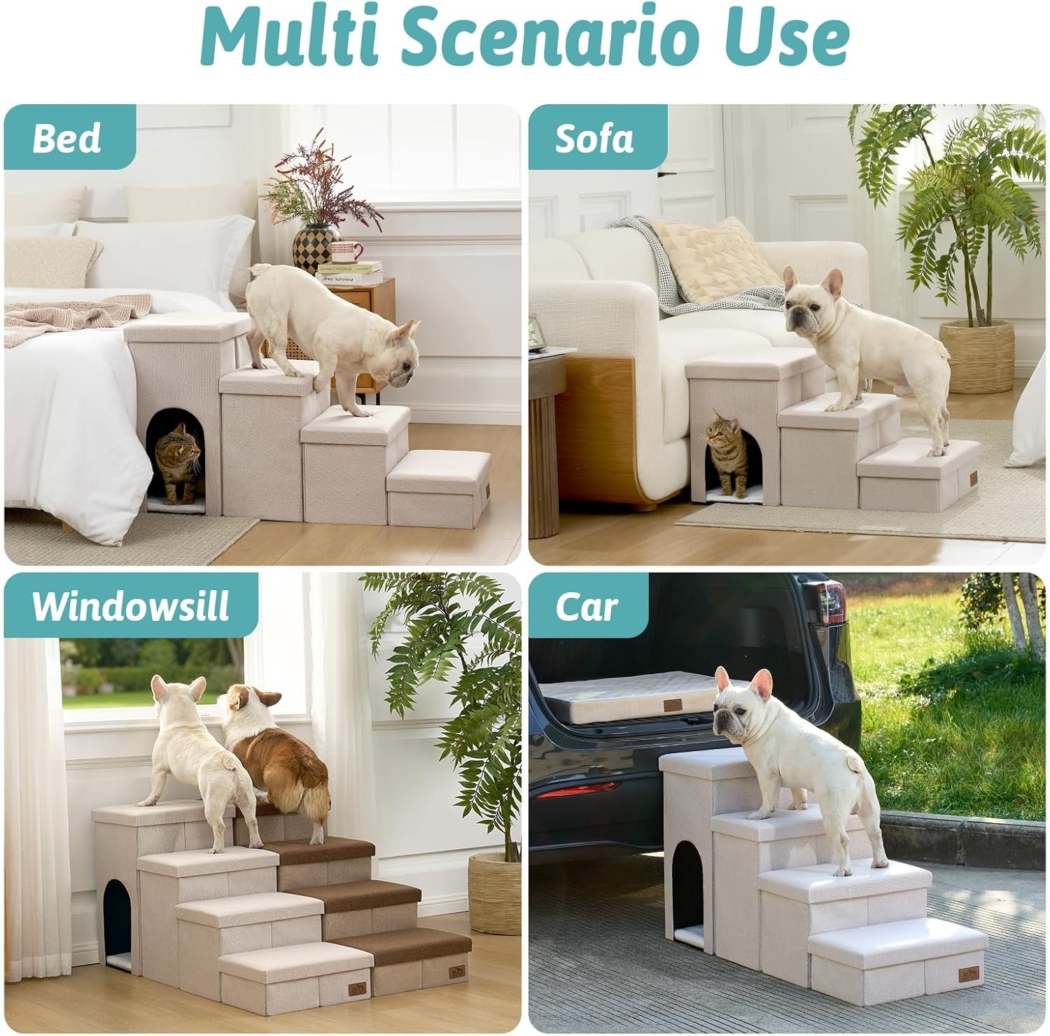 image:imageDog Stairs with Storage 3Step Wider Sturdy Dog Steps for SmallMediumLarge Dogs and Older Cats Folding Doggie Ramp for BedCouchCar Hold Up to 180 lbs 167 H GreyBeige