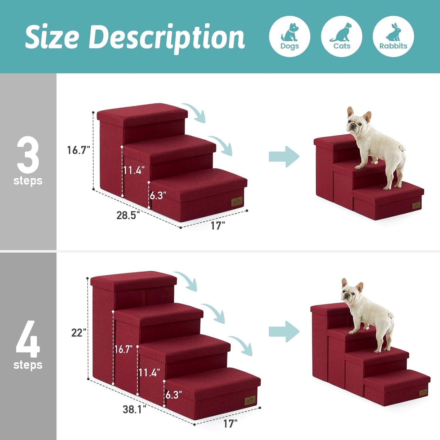 image:imageDog Stairs with Storage 3Step Wider Sturdy Dog Steps for SmallMediumLarge Dogs and Older Cats Folding Doggie Ramp for BedCouchCar Hold Up to 180 lbs 167 H GreyBurgundy