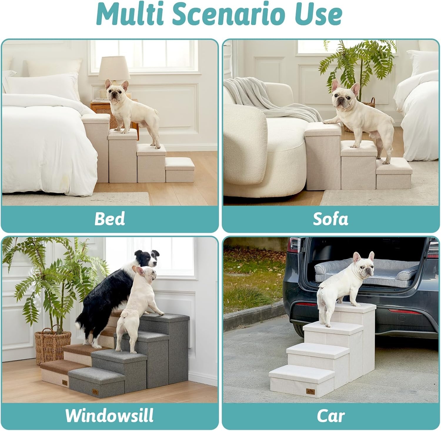 image:imageDog Stairs with Storage 3Step Wider Sturdy Dog Steps for SmallMediumLarge Dogs and Older Cats Folding Doggie Ramp for BedCouchCar Hold Up to 180 lbs 167 H GreyBeige