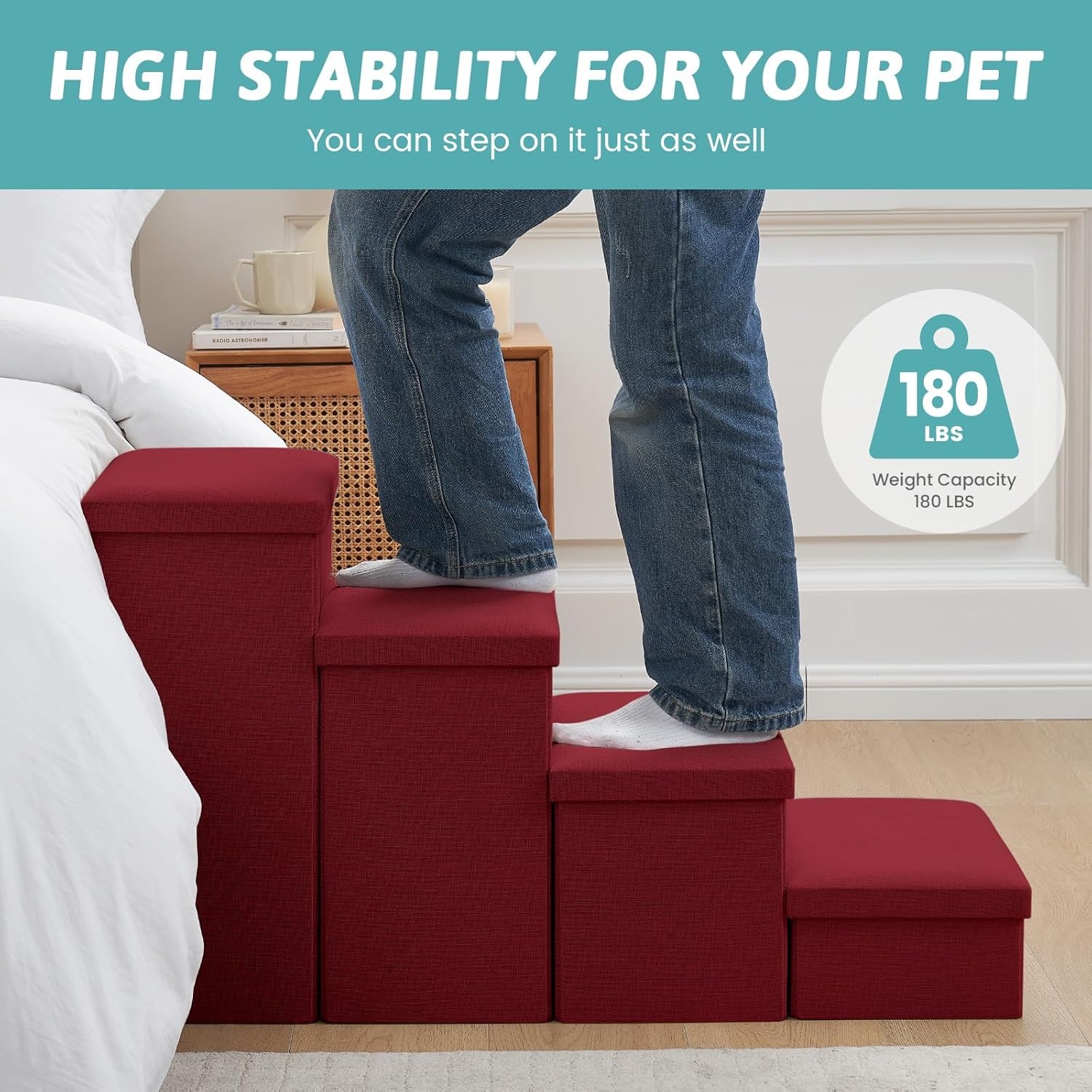 image:imageDog Stairs with Storage 3Step Wider Sturdy Dog Steps for SmallMediumLarge Dogs and Older Cats Folding Doggie Ramp for BedCouchCar Hold Up to 180 lbs 167 H GreyBurgundy