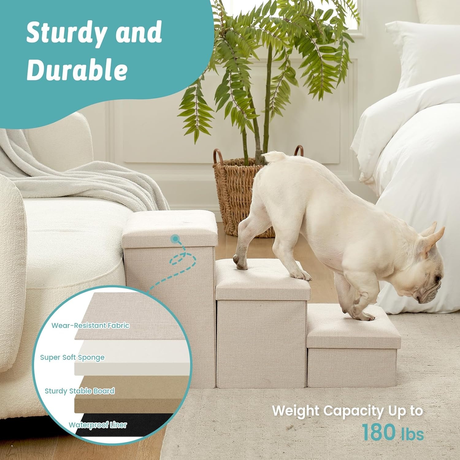 image:imageDog Stairs with Storage 3Step Wider Sturdy Dog Steps for SmallMediumLarge Dogs and Older Cats Folding Doggie Ramp for BedCouchCar Hold Up to 180 lbs 167 H GreyBeige