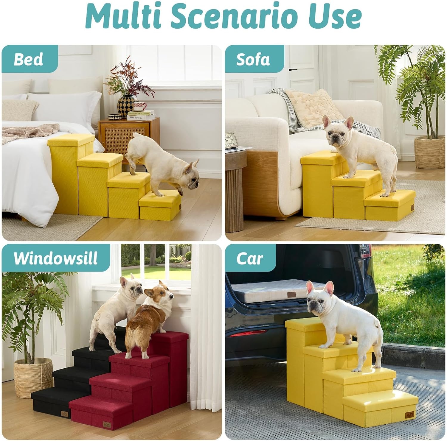 image:imageDog Stairs with Storage 3Step Wider Sturdy Dog Steps for SmallMediumLarge Dogs and Older Cats Folding Doggie Ramp for BedCouchCar Hold Up to 180 lbs 167 H GreyYellow