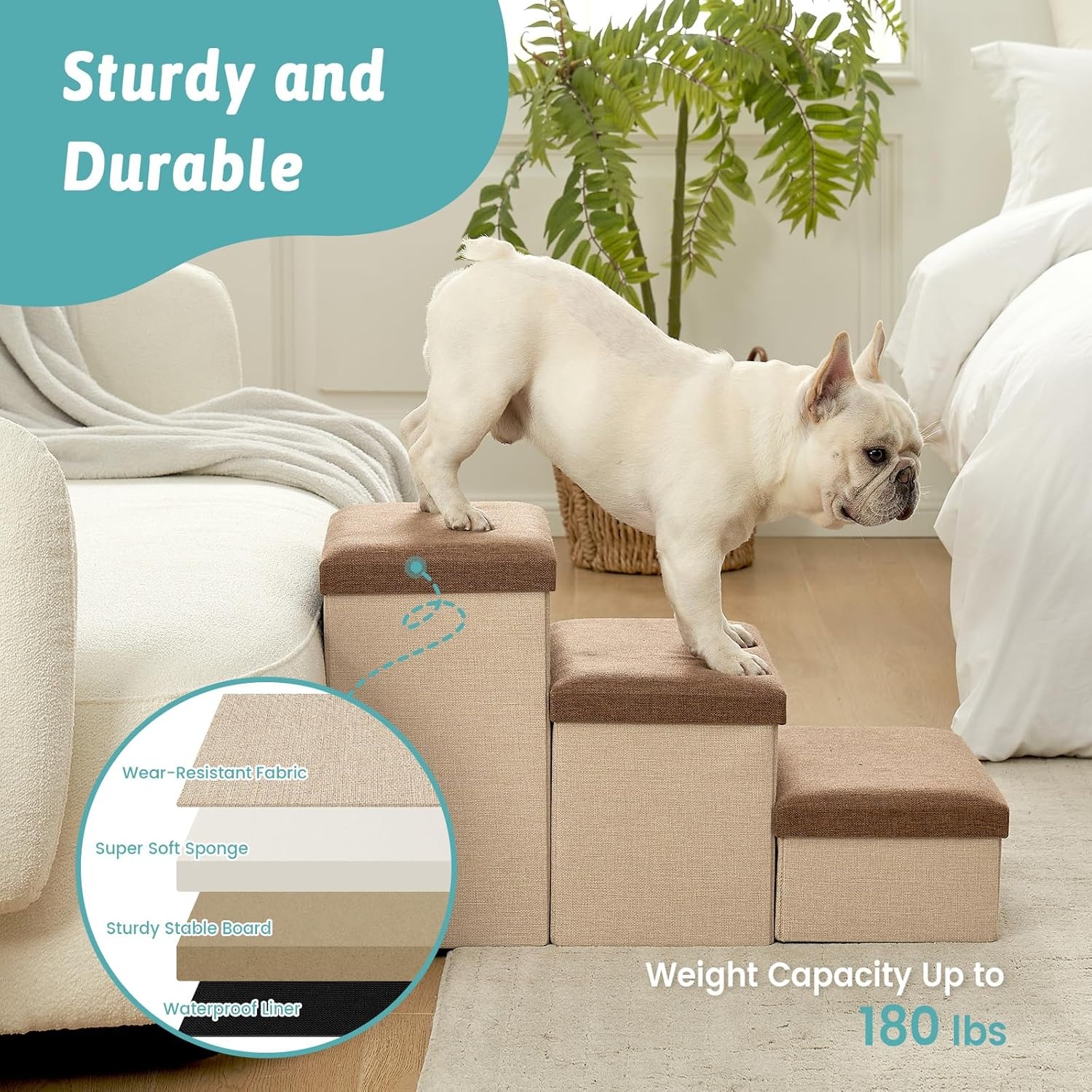 image:imageDog Stairs with Storage 3Step Wider Sturdy Dog Steps for SmallMediumLarge Dogs and Older Cats Folding Doggie Ramp for BedCouchCar Hold Up to 180 lbs 167 H GreyBrown