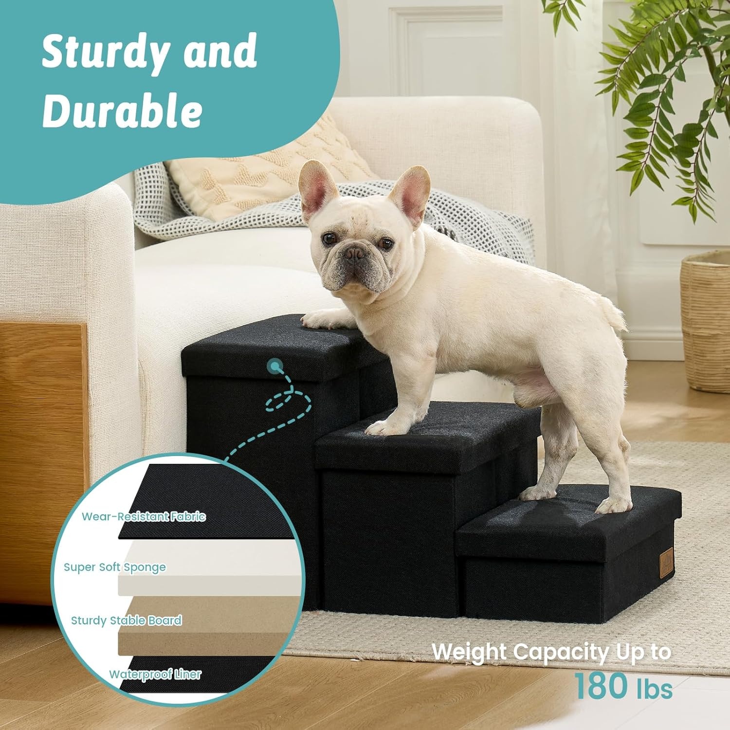 image:imageDog Stairs with Storage 3Step Wider Sturdy Dog Steps for SmallMediumLarge Dogs and Older Cats Folding Doggie Ramp for BedCouchCar Hold Up to 180 lbs 167 H GreyBlack