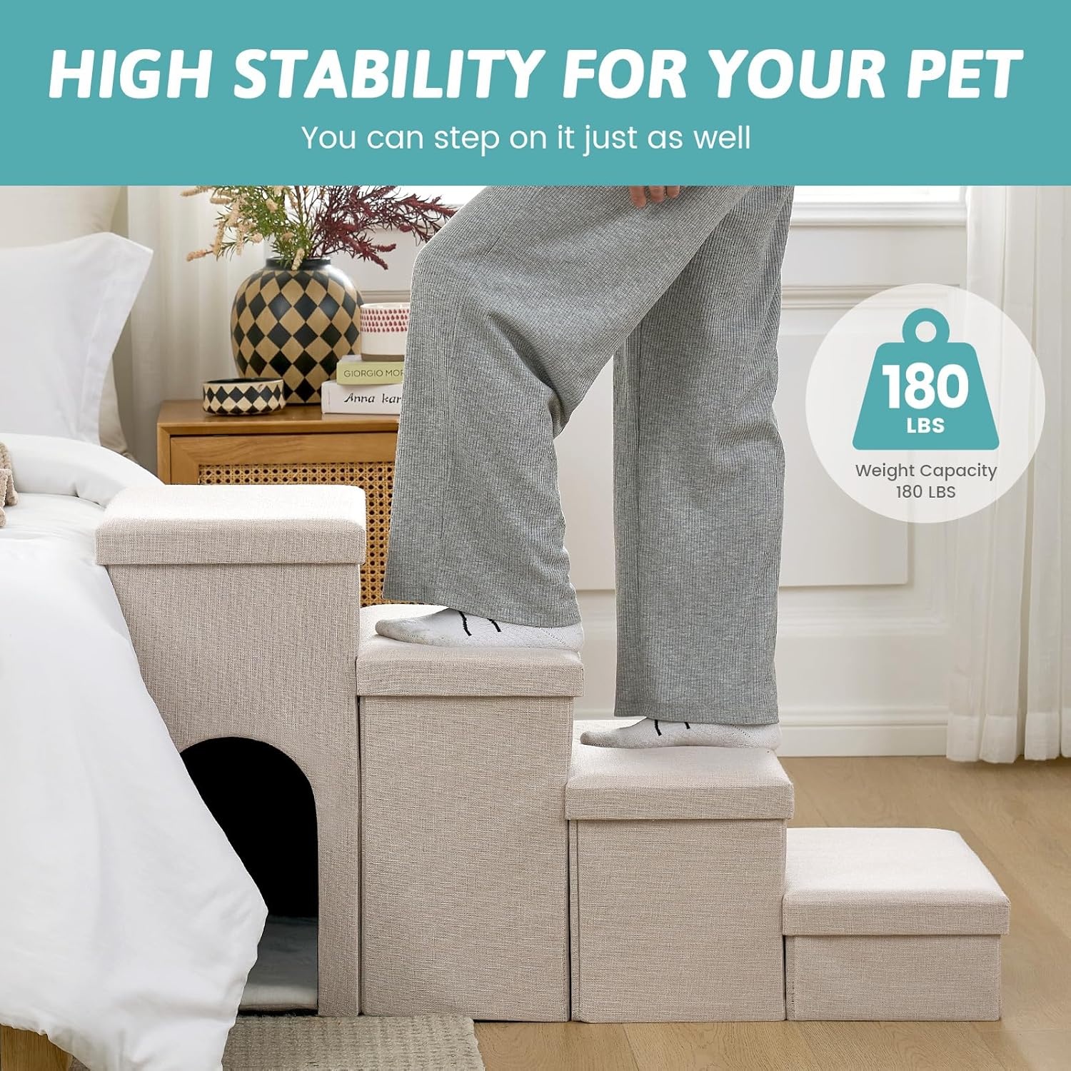 image:imageDog Stairs with Storage 3Step Wider Sturdy Dog Steps for SmallMediumLarge Dogs and Older Cats Folding Doggie Ramp for BedCouchCar Hold Up to 180 lbs 167 H GreyBeige
