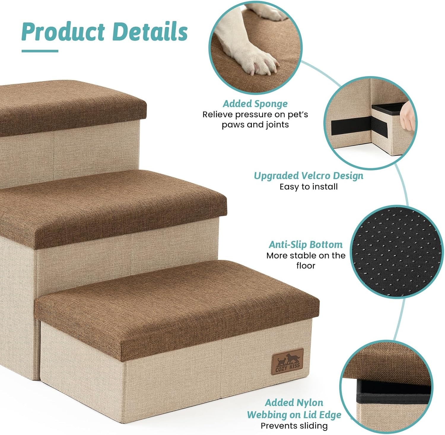 image:imageDog Stairs with Storage 3Step Wider Sturdy Dog Steps for SmallMediumLarge Dogs and Older Cats Folding Doggie Ramp for BedCouchCar Hold Up to 180 lbs 167 H GreyBrown
