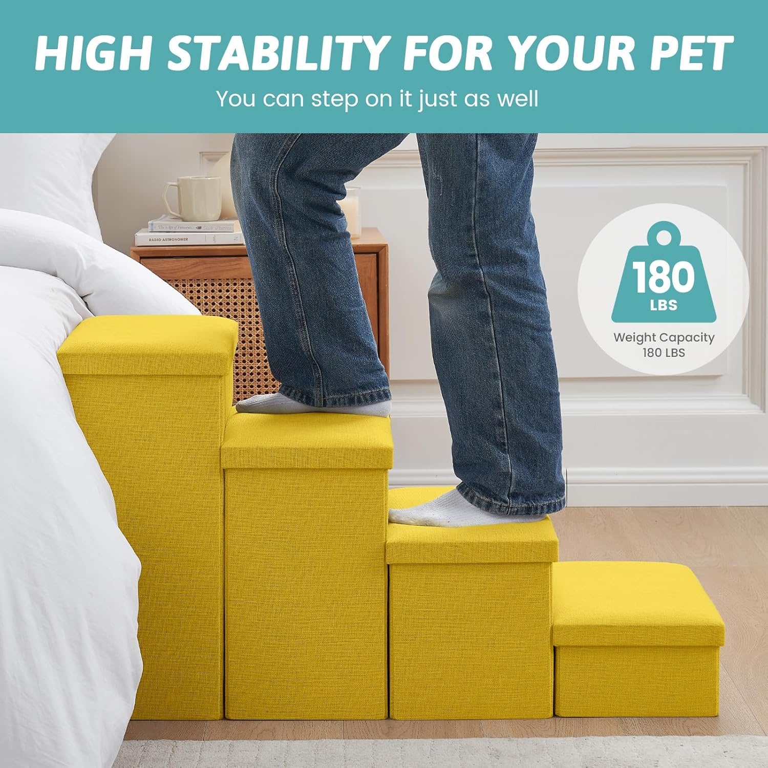 image:imageDog Stairs with Storage 3Step Wider Sturdy Dog Steps for SmallMediumLarge Dogs and Older Cats Folding Doggie Ramp for BedCouchCar Hold Up to 180 lbs 167 H GreyYellow