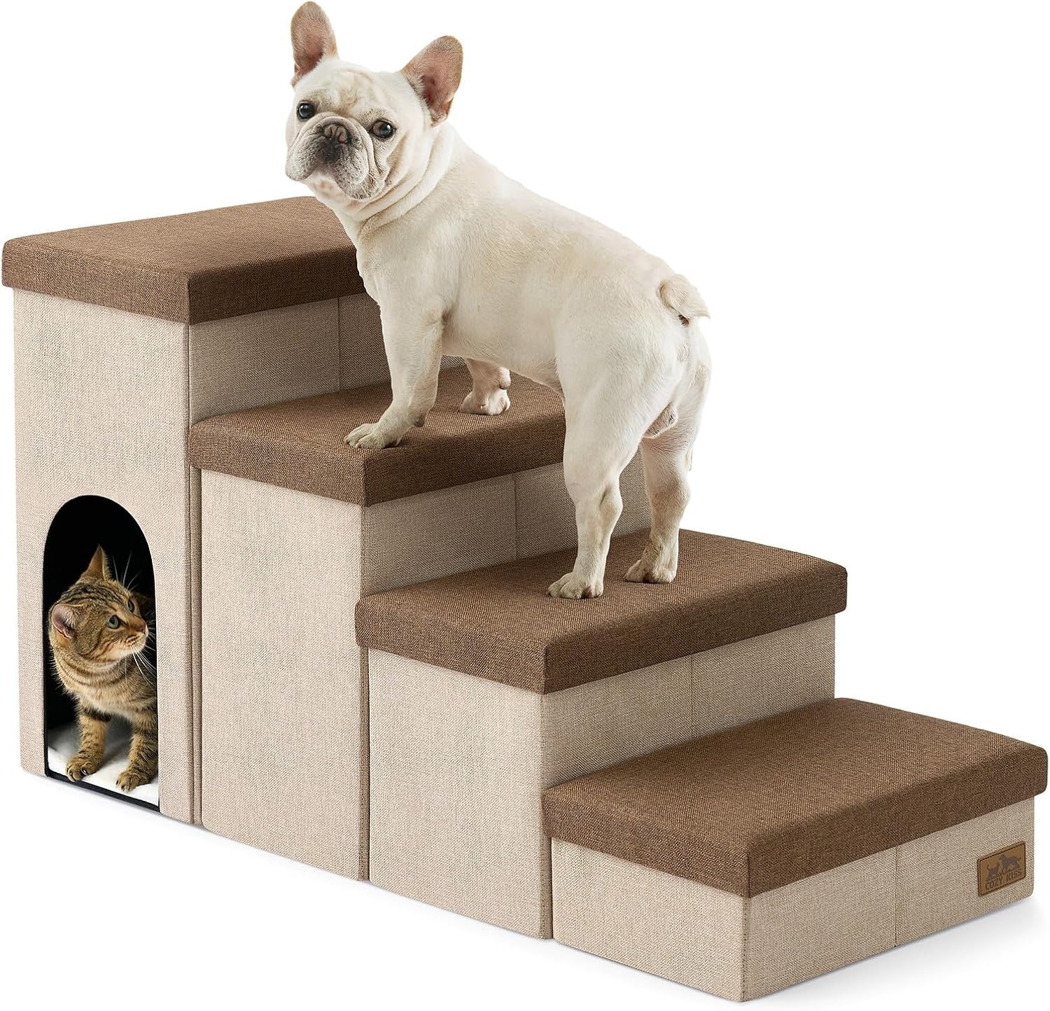 image:imageDog Stairs with Storage 3Step Wider Sturdy Dog Steps for SmallMediumLarge Dogs and Older Cats Folding Doggie Ramp for BedCouchCar Hold Up to 180 lbs 167 H GreyBrown