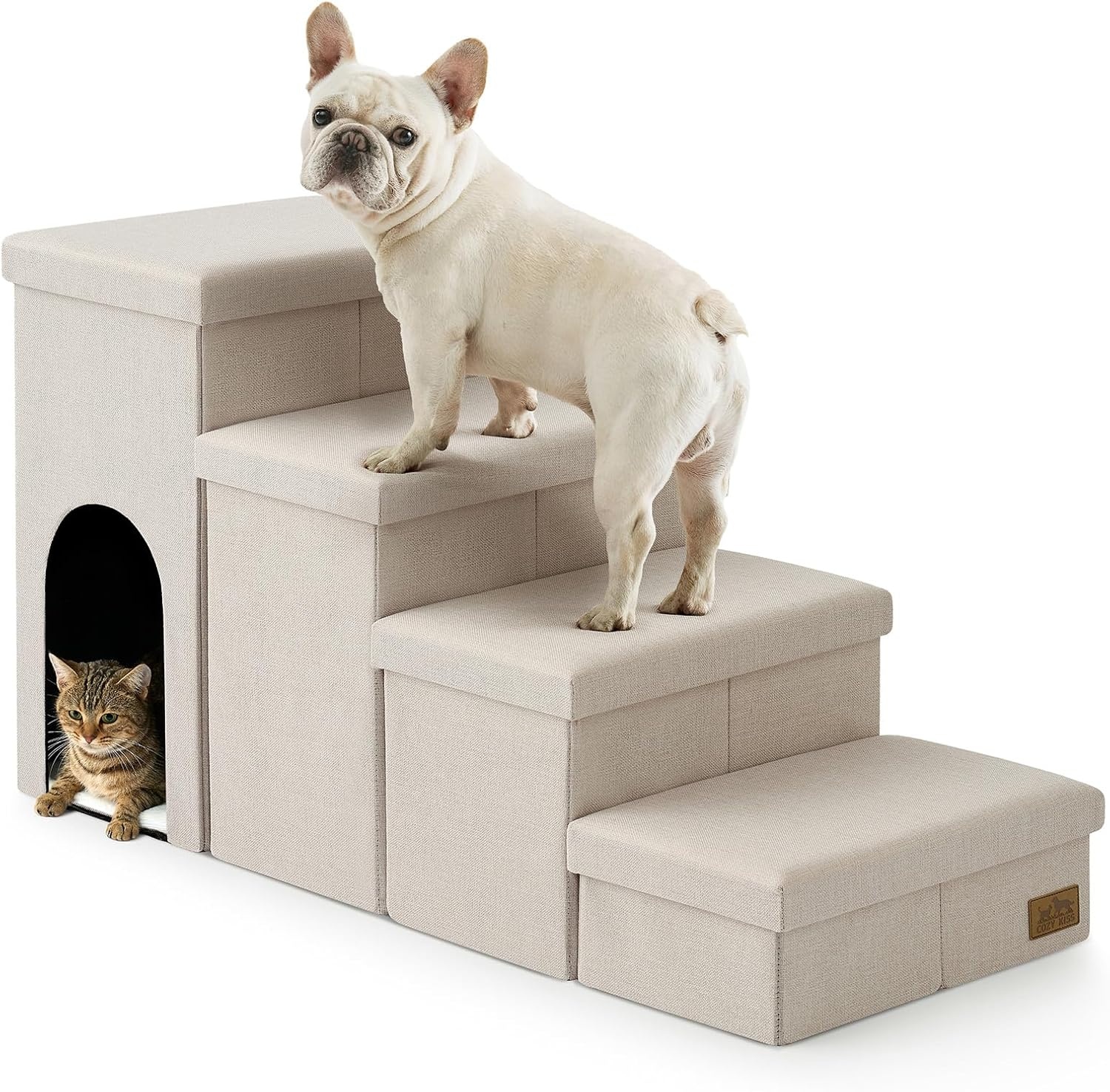 image:imageDog Stairs with Storage 3Step Wider Sturdy Dog Steps for SmallMediumLarge Dogs and Older Cats Folding Doggie Ramp for BedCouchCar Hold Up to 180 lbs 167 H GreyBeige