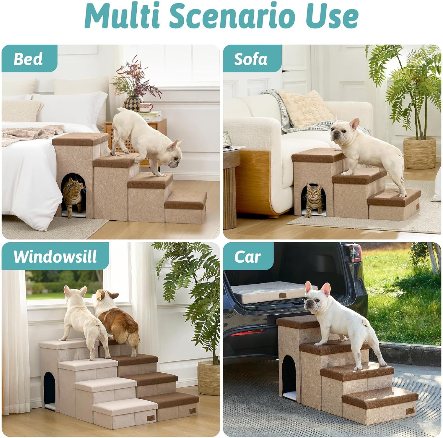 image:imageDog Stairs with Storage 3Step Wider Sturdy Dog Steps for SmallMediumLarge Dogs and Older Cats Folding Doggie Ramp for BedCouchCar Hold Up to 180 lbs 167 H GreyBrown