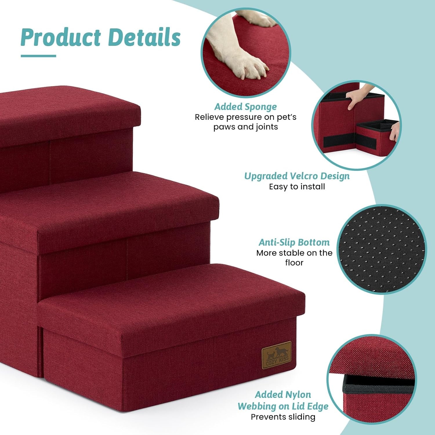 image:imageDog Stairs with Storage 3Step Wider Sturdy Dog Steps for SmallMediumLarge Dogs and Older Cats Folding Doggie Ramp for BedCouchCar Hold Up to 180 lbs 167 H GreyBurgundy