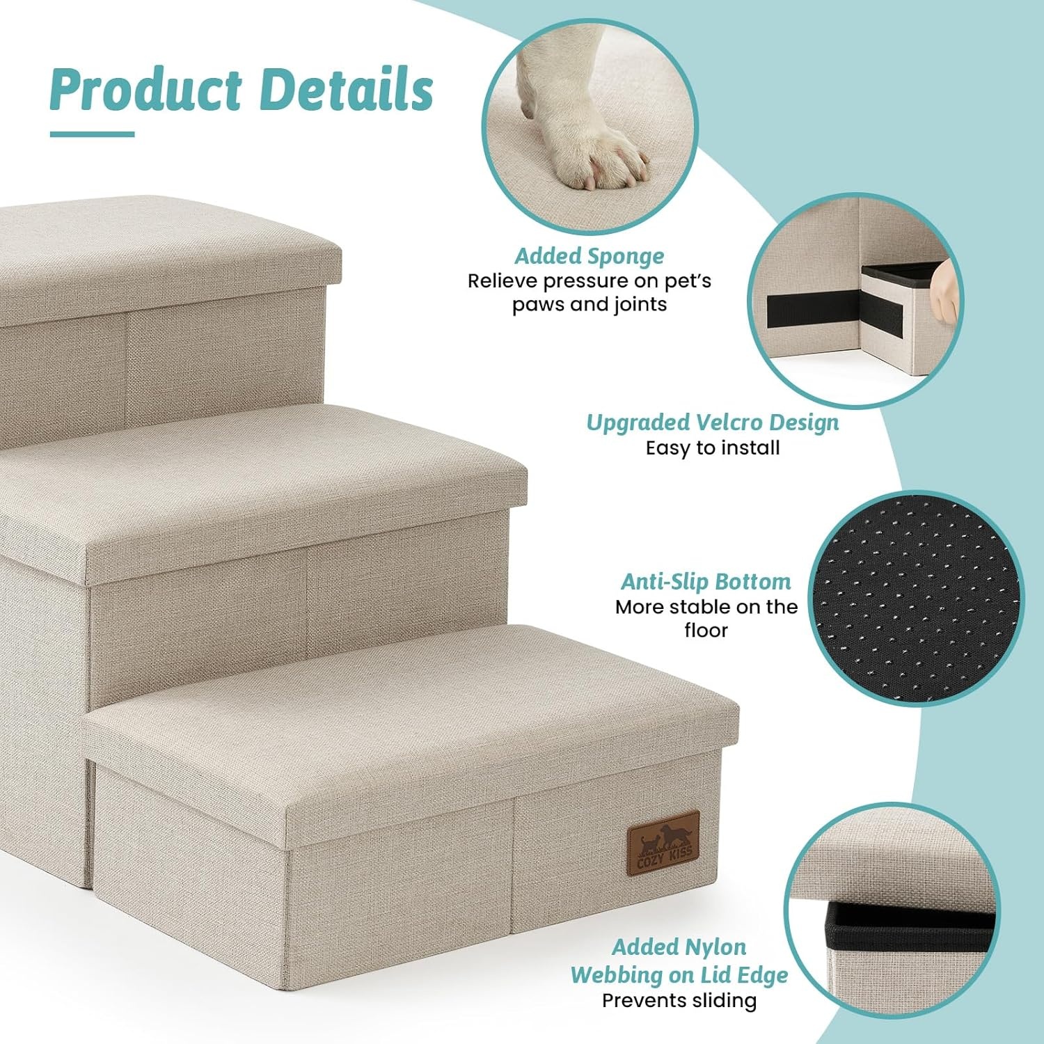 image:imageDog Stairs with Storage 3Step Wider Sturdy Dog Steps for SmallMediumLarge Dogs and Older Cats Folding Doggie Ramp for BedCouchCar Hold Up to 180 lbs 167 H GreyBeige