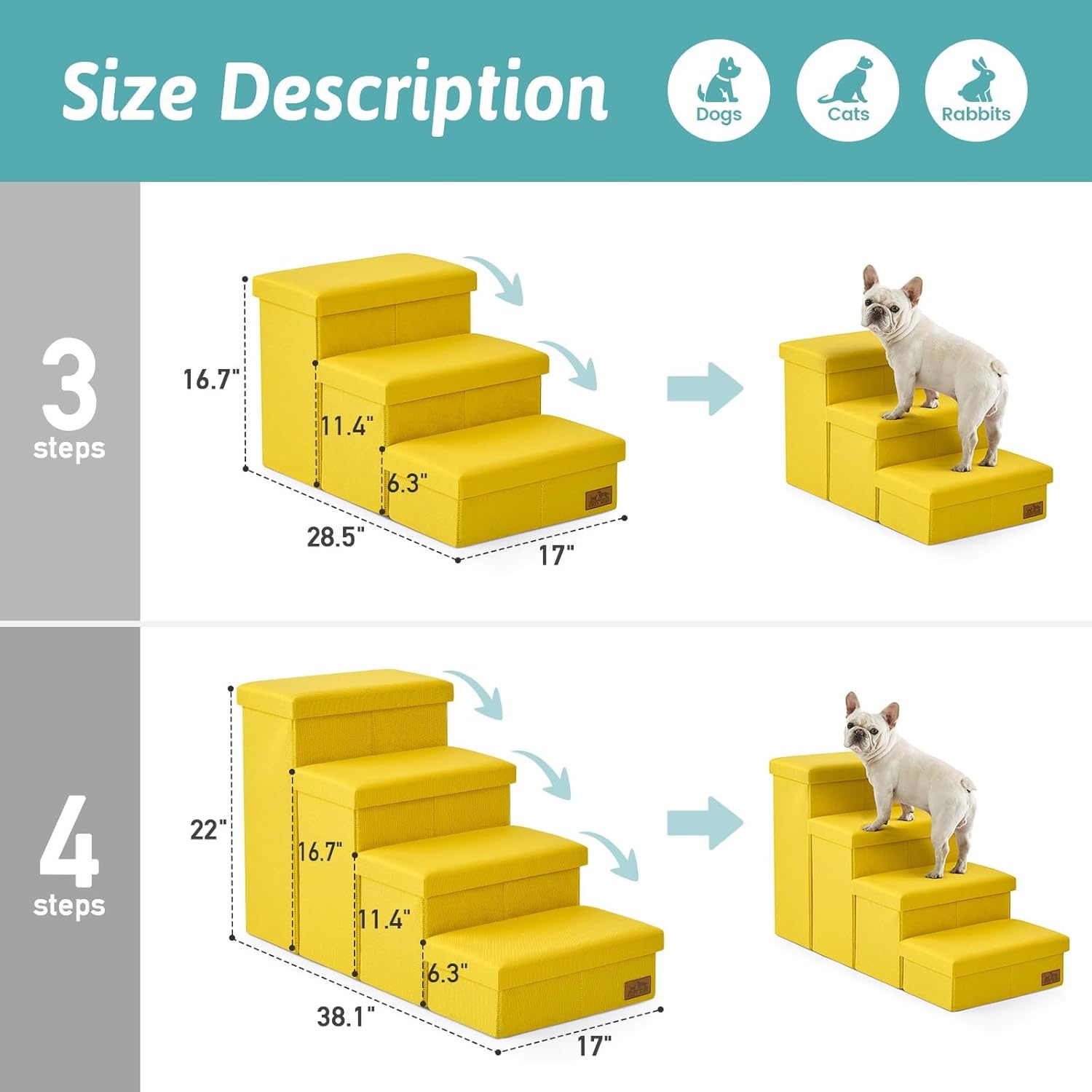 image:imageDog Stairs with Storage 3Step Wider Sturdy Dog Steps for SmallMediumLarge Dogs and Older Cats Folding Doggie Ramp for BedCouchCar Hold Up to 180 lbs 167 H GreyYellow