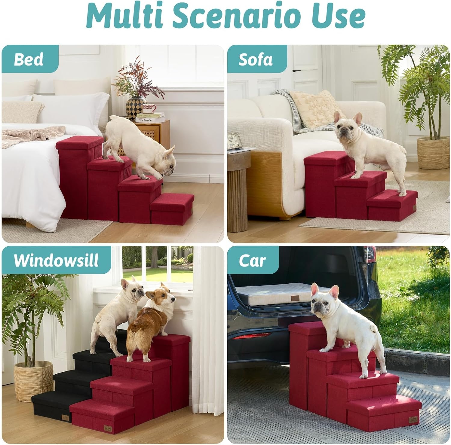 image:imageDog Stairs with Storage 3Step Wider Sturdy Dog Steps for SmallMediumLarge Dogs and Older Cats Folding Doggie Ramp for BedCouchCar Hold Up to 180 lbs 167 H GreyBurgundy
