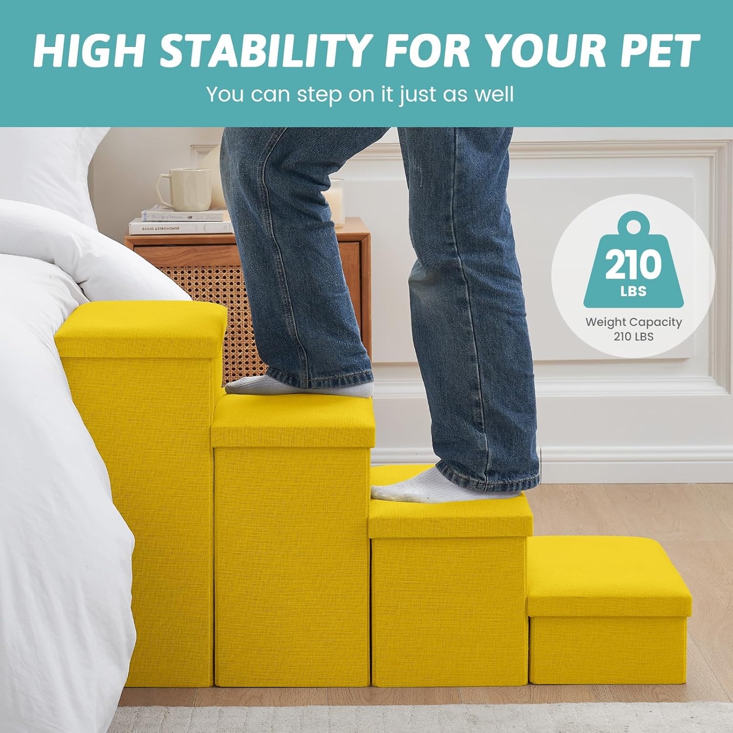 image:imageDog Stairs with Storage 3Step Wider Sturdy Dog Steps for SmallMediumLarge Dogs and Older Cats Folding Doggie Ramp for BedCouchCar Hold Up to 180 lbs 167 H GreyYellow