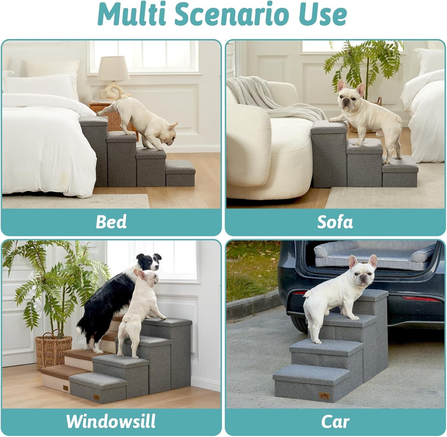 image:imageDog Stairs with Storage 3Step Wider Sturdy Dog Steps for SmallMediumLarge Dogs and Older Cats Folding Doggie Ramp for BedCouchCar Hold Up to 180 lbs 167 H GreyGrey