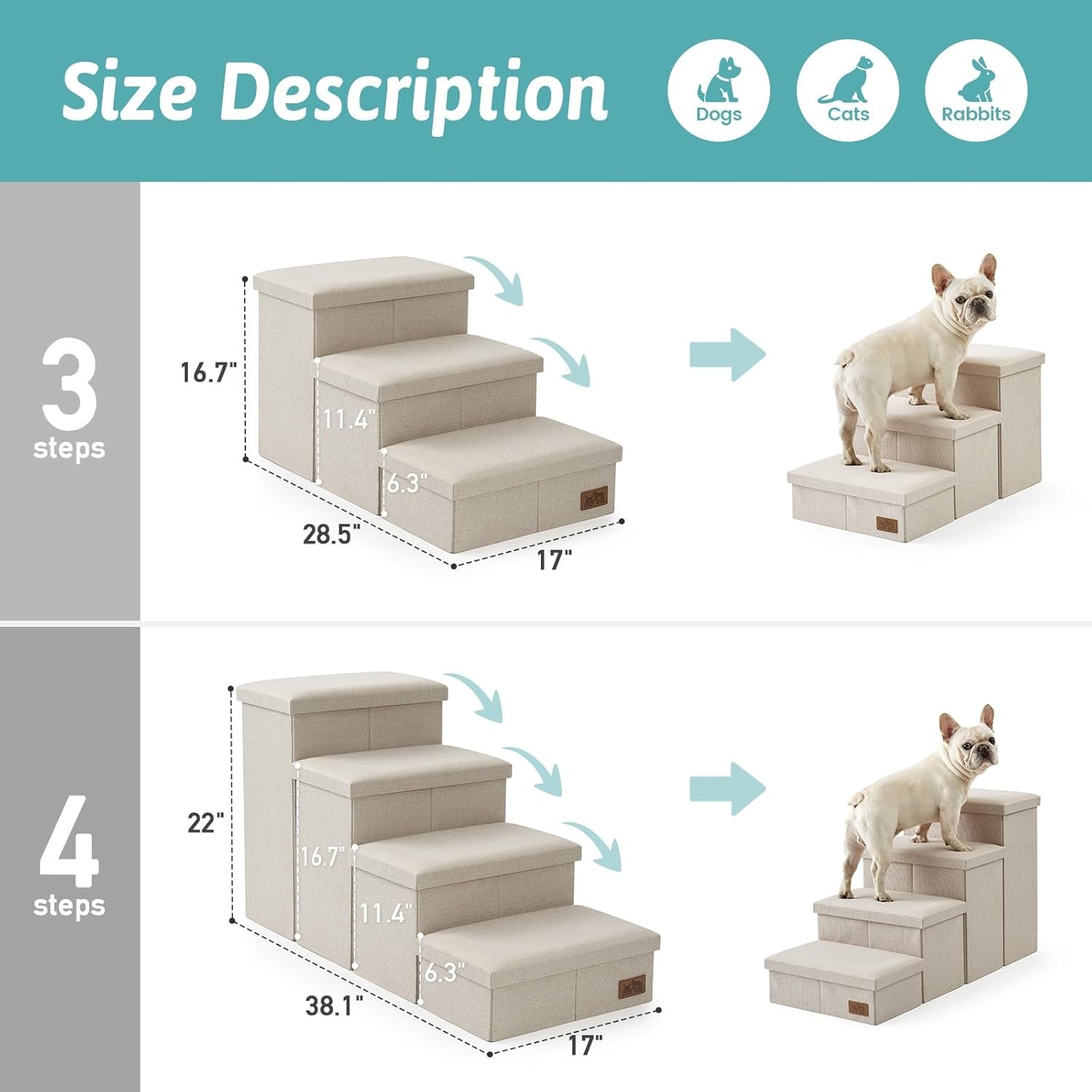 image:imageDog Stairs with Storage 3Step Wider Sturdy Dog Steps for SmallMediumLarge Dogs and Older Cats Folding Doggie Ramp for BedCouchCar Hold Up to 180 lbs 167 H GreyBeige