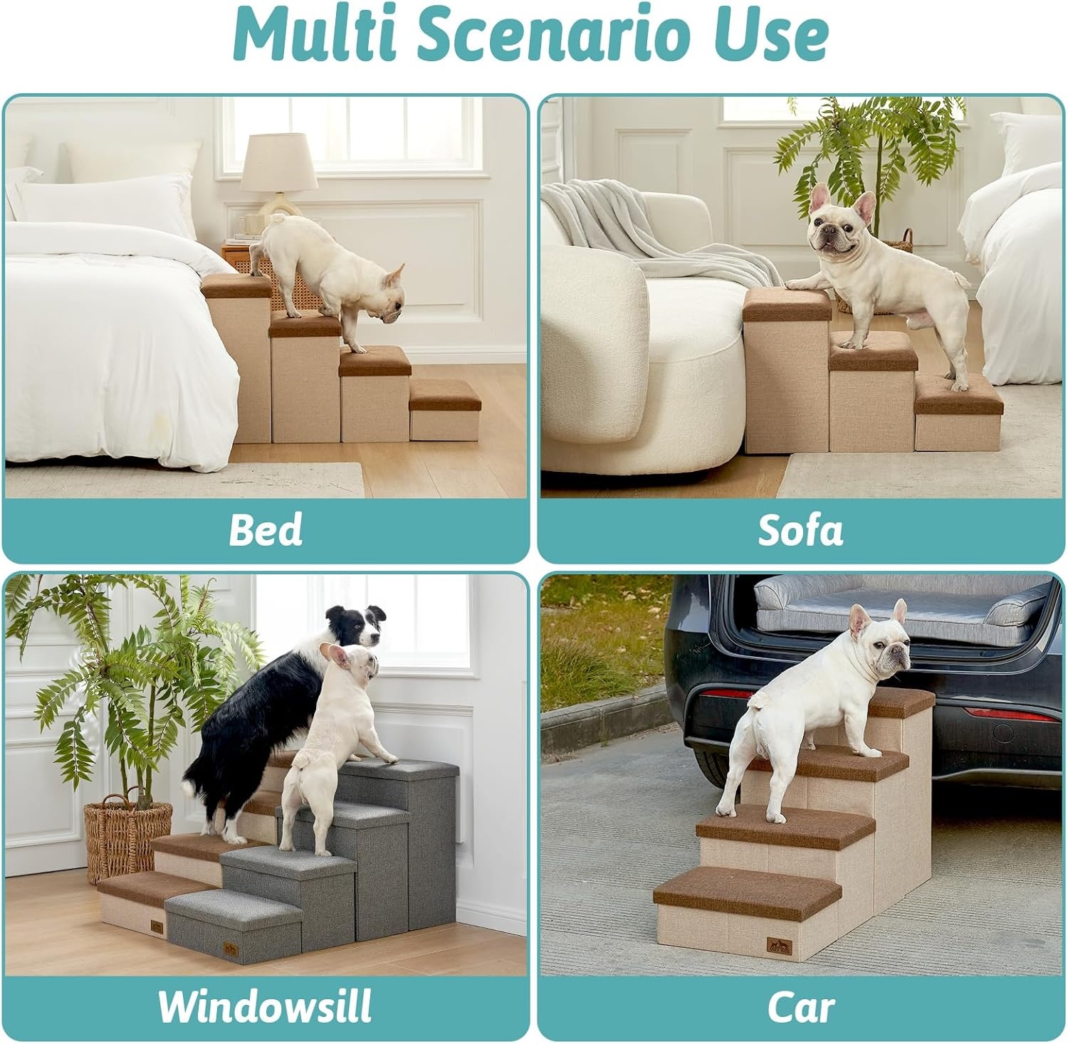 image:imageDog Stairs with Storage 3Step Wider Sturdy Dog Steps for SmallMediumLarge Dogs and Older Cats Folding Doggie Ramp for BedCouchCar Hold Up to 180 lbs 167 H GreyBrown