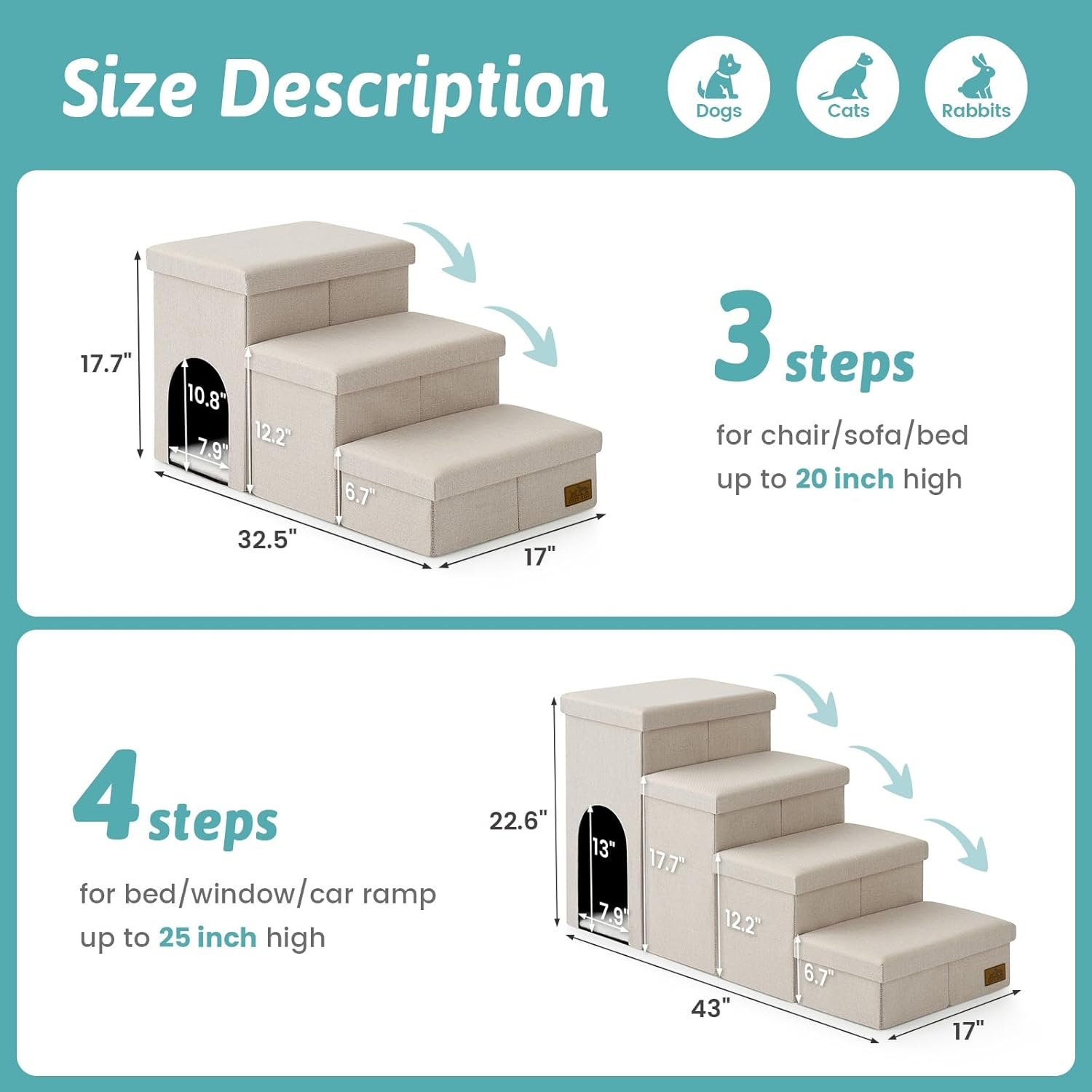 image:imageDog Stairs with Storage 3Step Wider Sturdy Dog Steps for SmallMediumLarge Dogs and Older Cats Folding Doggie Ramp for BedCouchCar Hold Up to 180 lbs 167 H GreyBeige