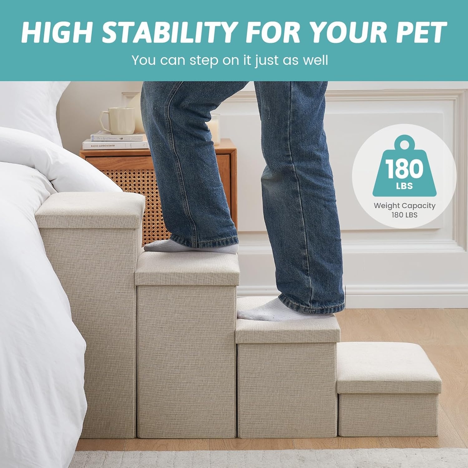 image:imageDog Stairs with Storage 3Step Wider Sturdy Dog Steps for SmallMediumLarge Dogs and Older Cats Folding Doggie Ramp for BedCouchCar Hold Up to 180 lbs 167 H GreyBeige
