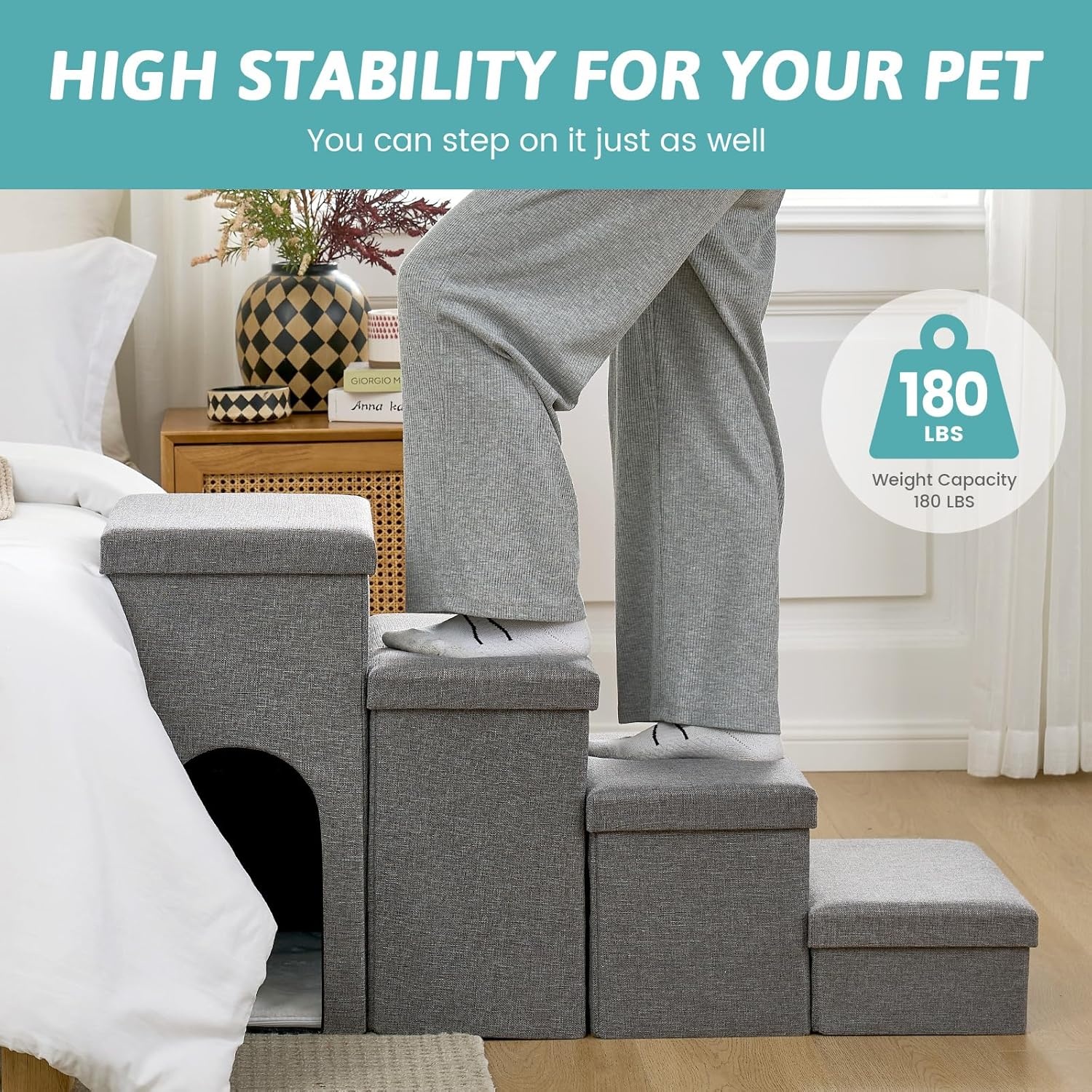 image:imageDog Stairs with Storage 3Step Wider Sturdy Dog Steps for SmallMediumLarge Dogs and Older Cats Folding Doggie Ramp for BedCouchCar Hold Up to 180 lbs 167 H GreyGrey