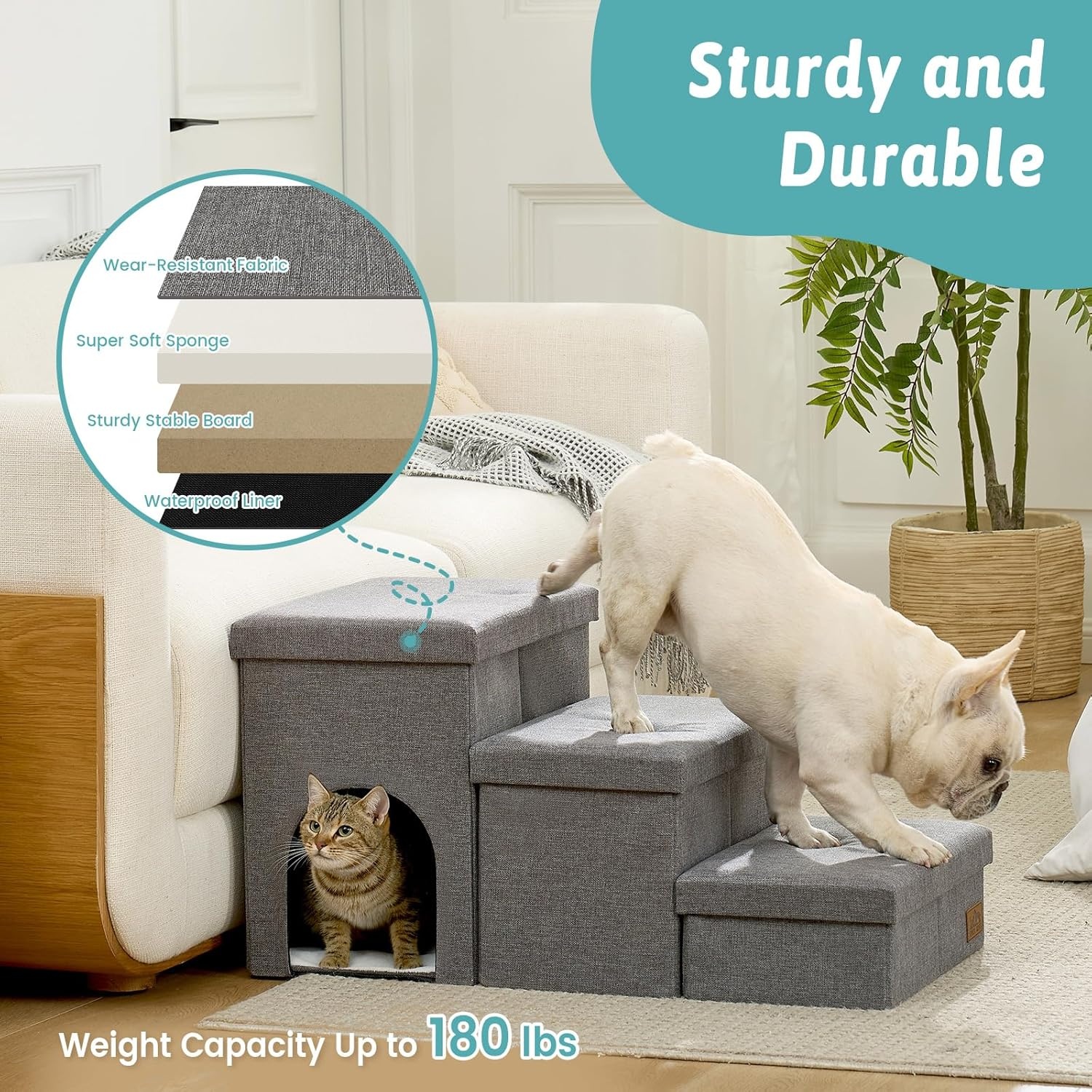 image:imageDog Stairs with Storage 3Step Wider Sturdy Dog Steps for SmallMediumLarge Dogs and Older Cats Folding Doggie Ramp for BedCouchCar Hold Up to 180 lbs 167 H GreyGrey