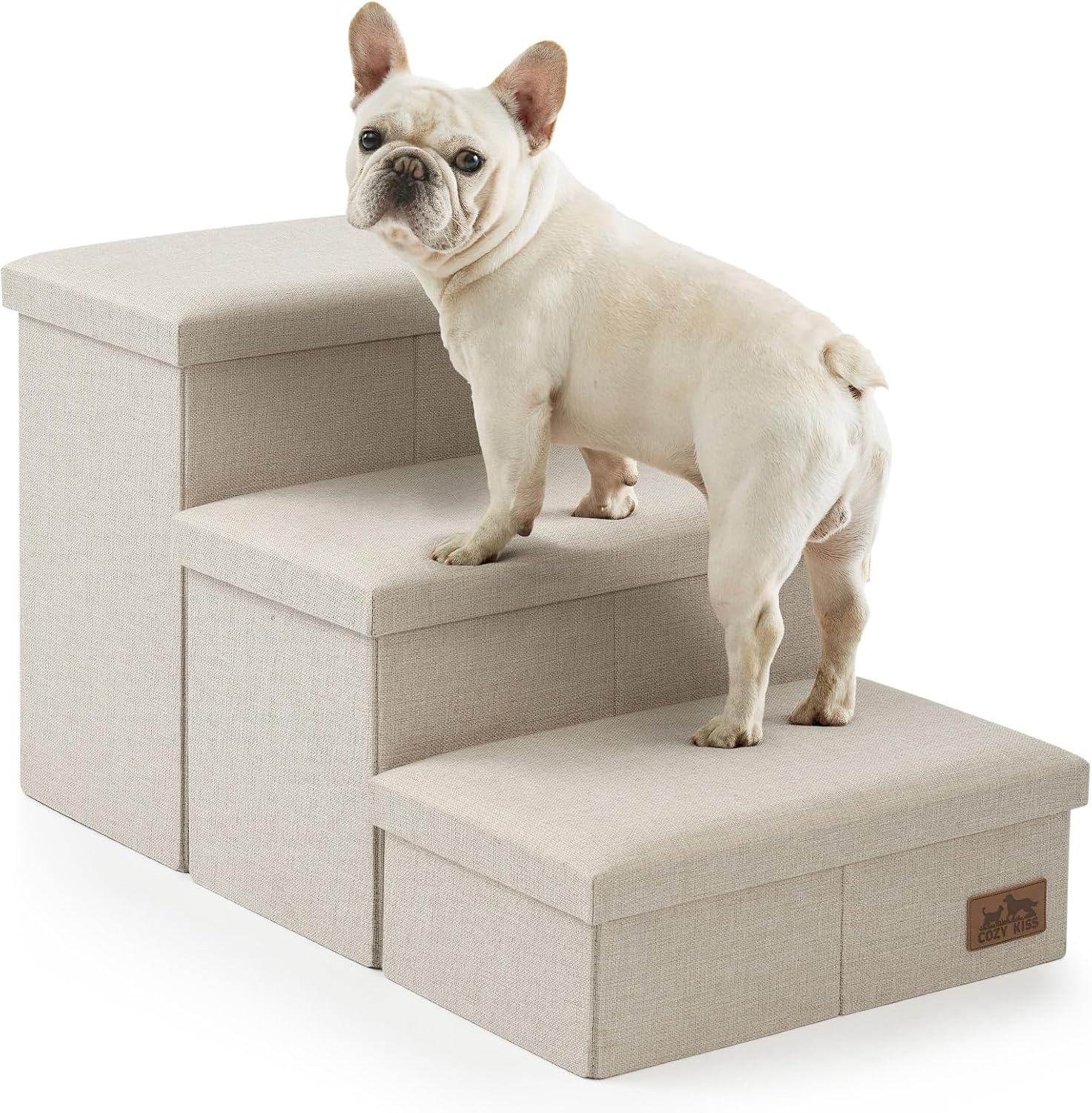 image:imageDog Stairs with Storage 3Step Wider Sturdy Dog Steps for SmallMediumLarge Dogs and Older Cats Folding Doggie Ramp for BedCouchCar Hold Up to 180 lbs 167 H GreyBeige