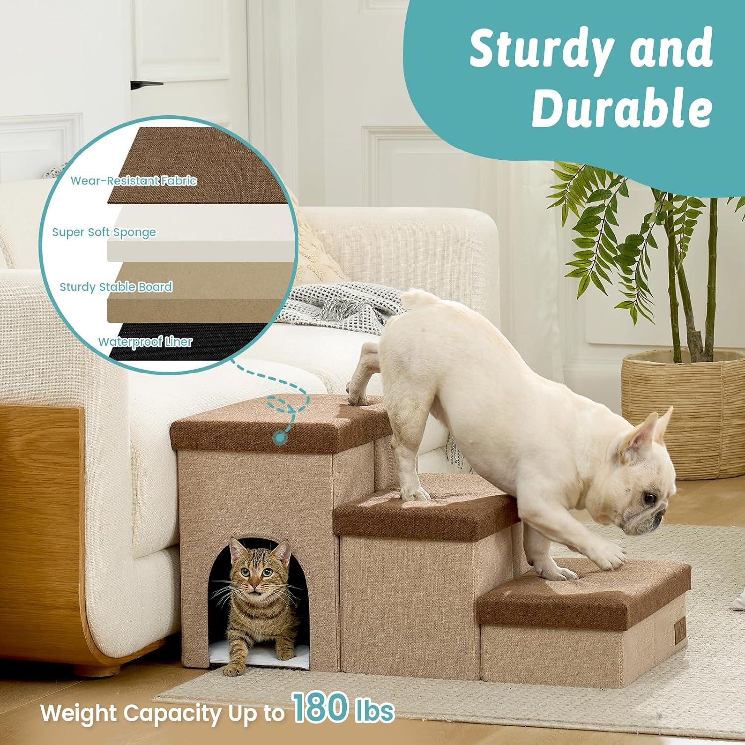 image:imageDog Stairs with Storage 3Step Wider Sturdy Dog Steps for SmallMediumLarge Dogs and Older Cats Folding Doggie Ramp for BedCouchCar Hold Up to 180 lbs 167 H GreyBrown