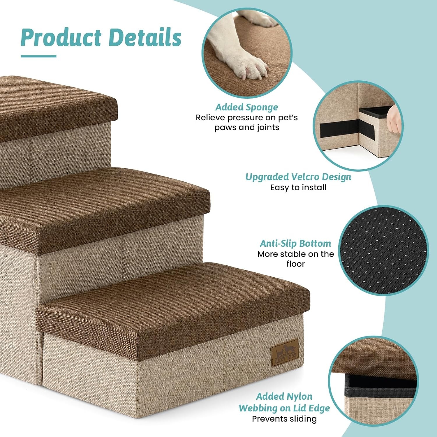 image:imageDog Stairs with Storage 3Step Wider Sturdy Dog Steps for SmallMediumLarge Dogs and Older Cats Folding Doggie Ramp for BedCouchCar Hold Up to 180 lbs 167 H GreyBrown