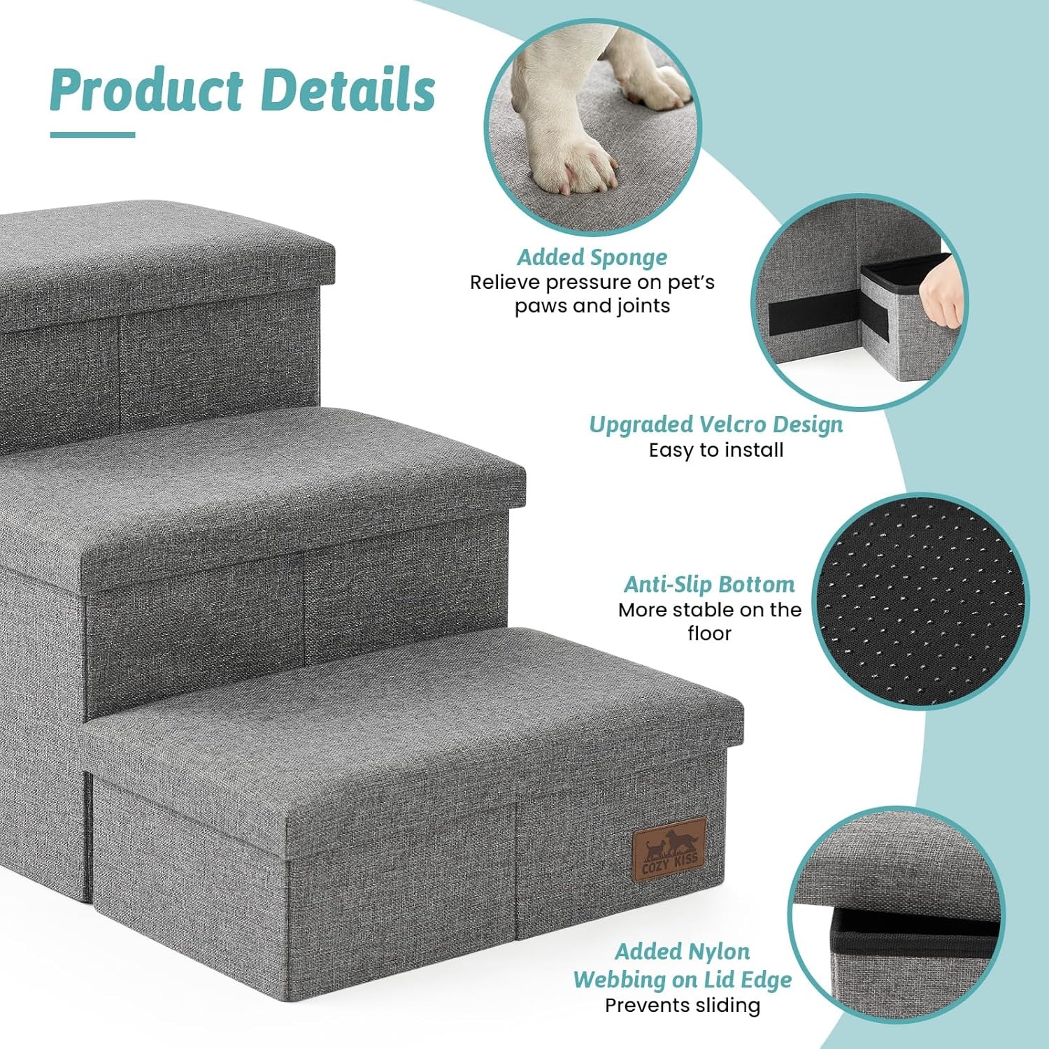 image:imageDog Stairs with Storage 3Step Wider Sturdy Dog Steps for SmallMediumLarge Dogs and Older Cats Folding Doggie Ramp for BedCouchCar Hold Up to 180 lbs 167 H GreyGrey