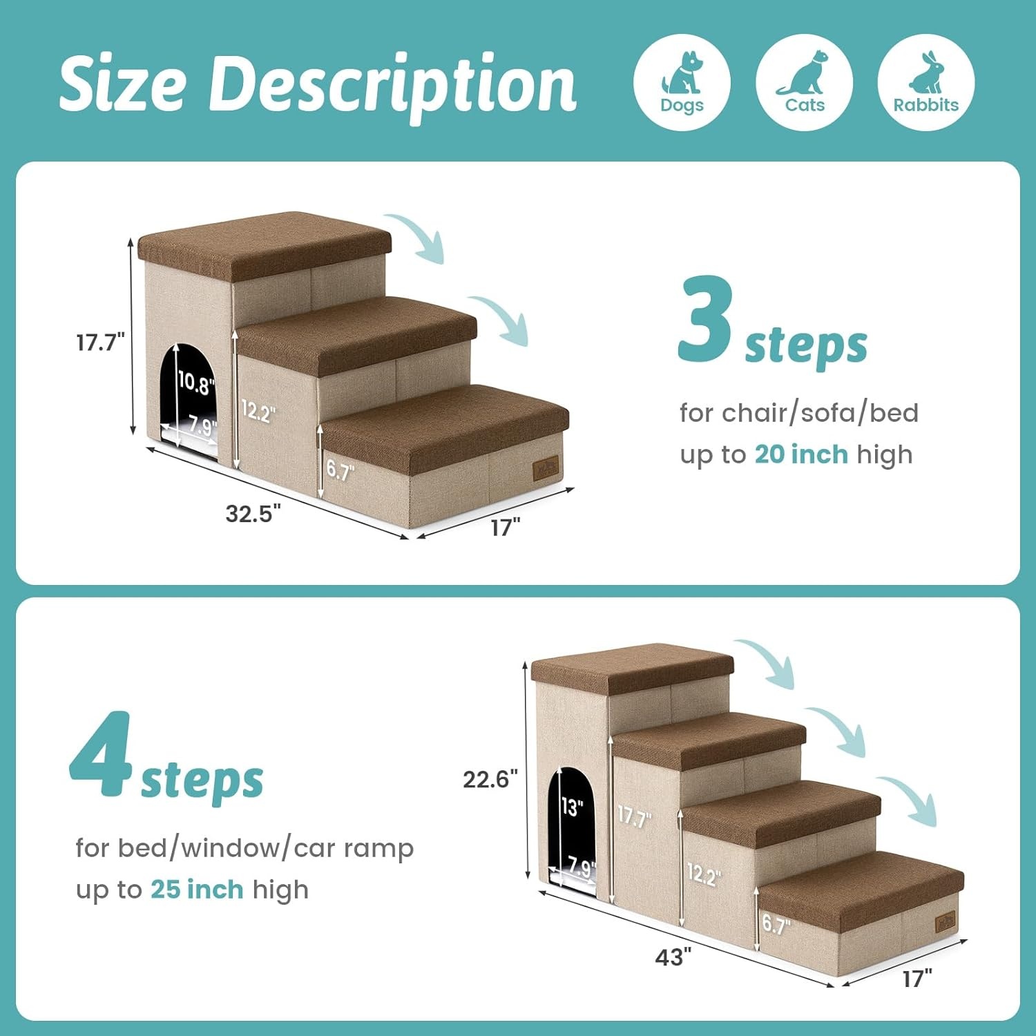image:imageDog Stairs with Storage 3Step Wider Sturdy Dog Steps for SmallMediumLarge Dogs and Older Cats Folding Doggie Ramp for BedCouchCar Hold Up to 180 lbs 167 H GreyBrown