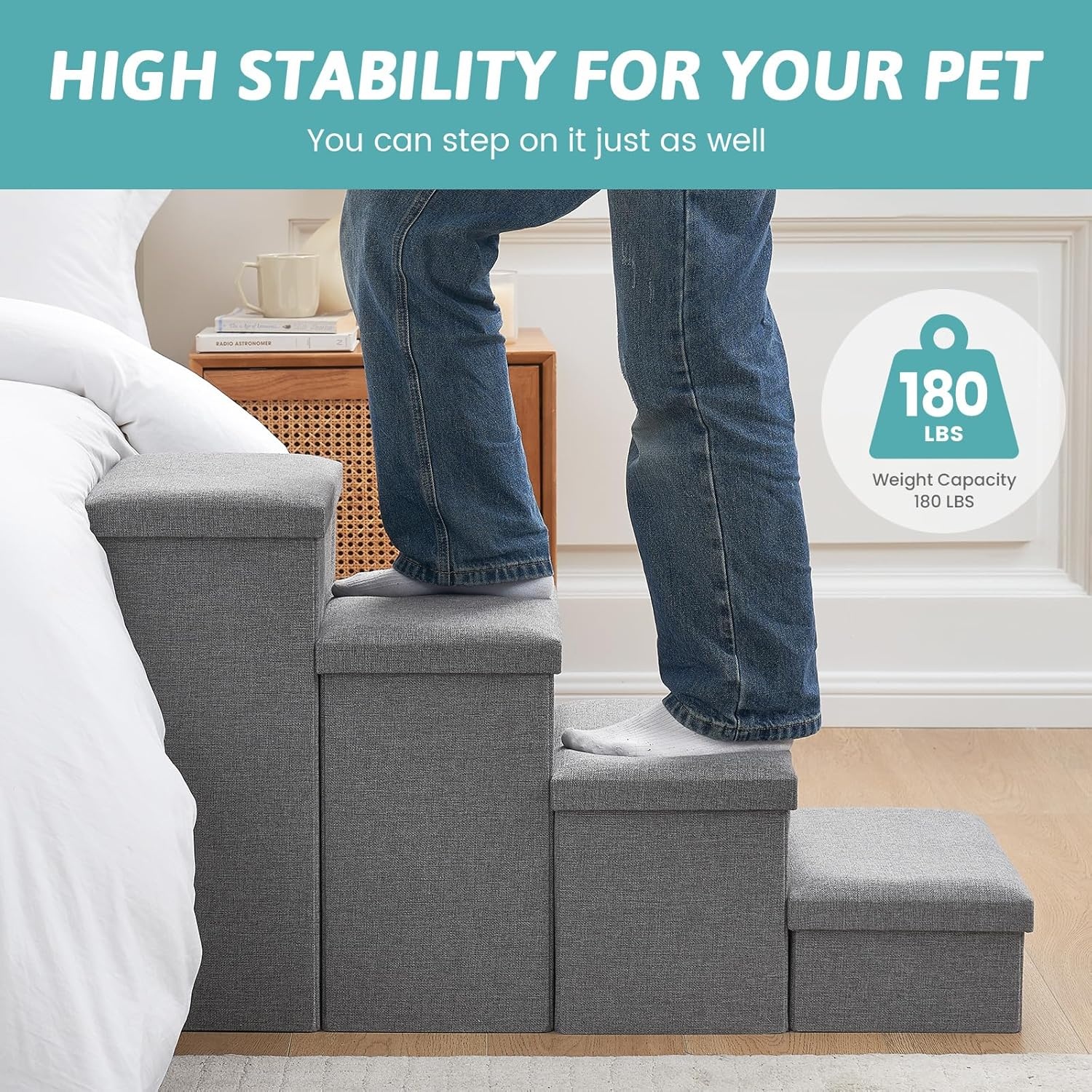 image:imageDog Stairs with Storage 3Step Wider Sturdy Dog Steps for SmallMediumLarge Dogs and Older Cats Folding Doggie Ramp for BedCouchCar Hold Up to 180 lbs 167 H GreyGrey