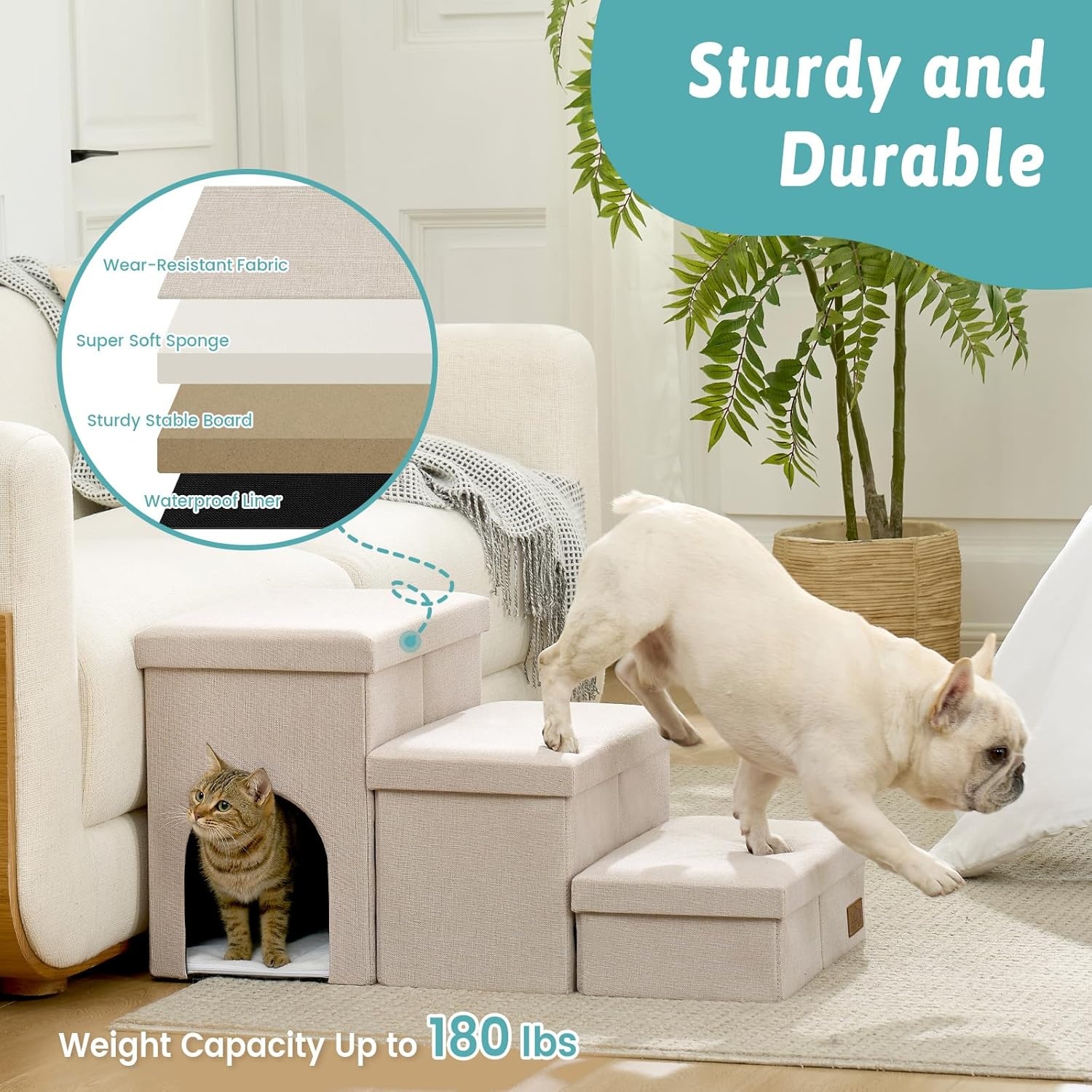 image:imageDog Stairs with Storage 3Step Wider Sturdy Dog Steps for SmallMediumLarge Dogs and Older Cats Folding Doggie Ramp for BedCouchCar Hold Up to 180 lbs 167 H GreyBeige