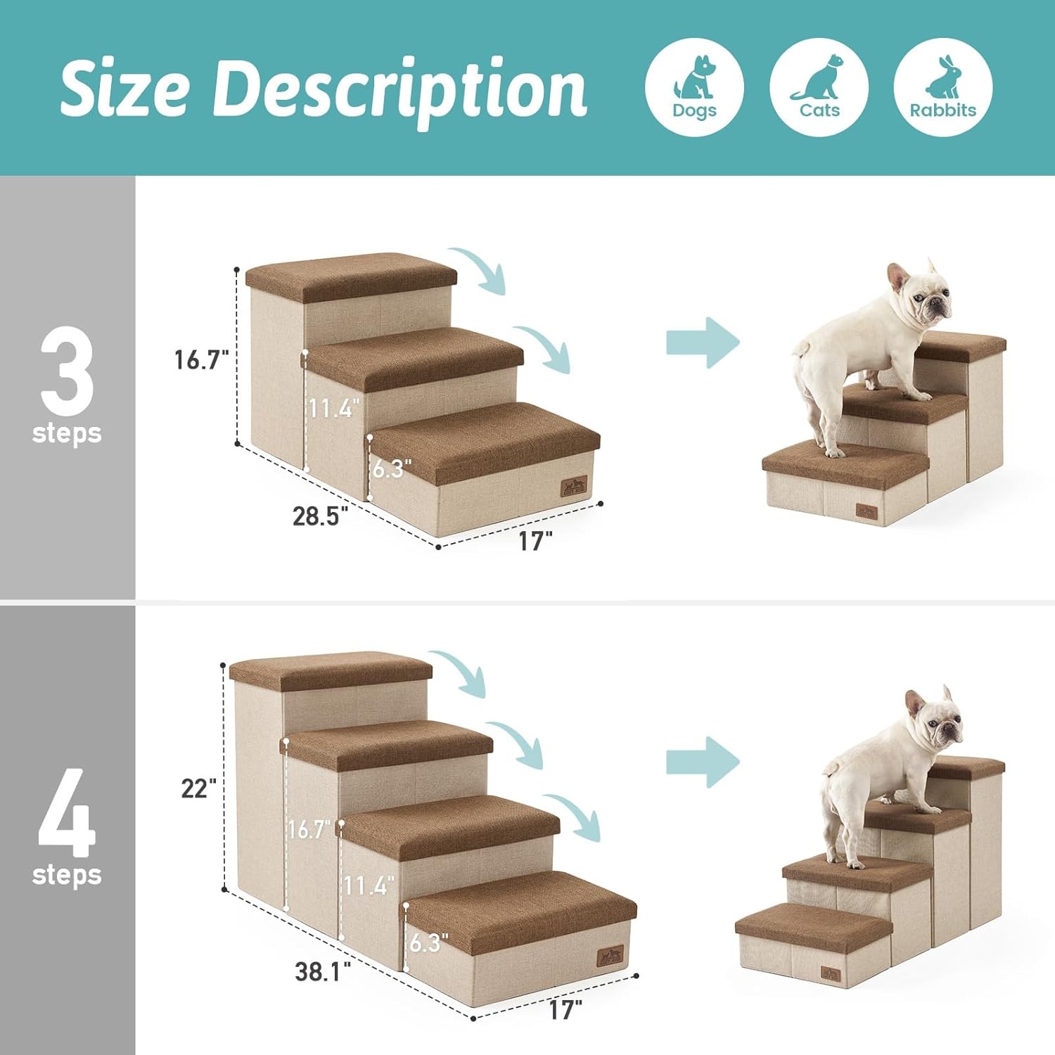 image:imageDog Stairs with Storage 3Step Wider Sturdy Dog Steps for SmallMediumLarge Dogs and Older Cats Folding Doggie Ramp for BedCouchCar Hold Up to 180 lbs 167 H GreyBrown