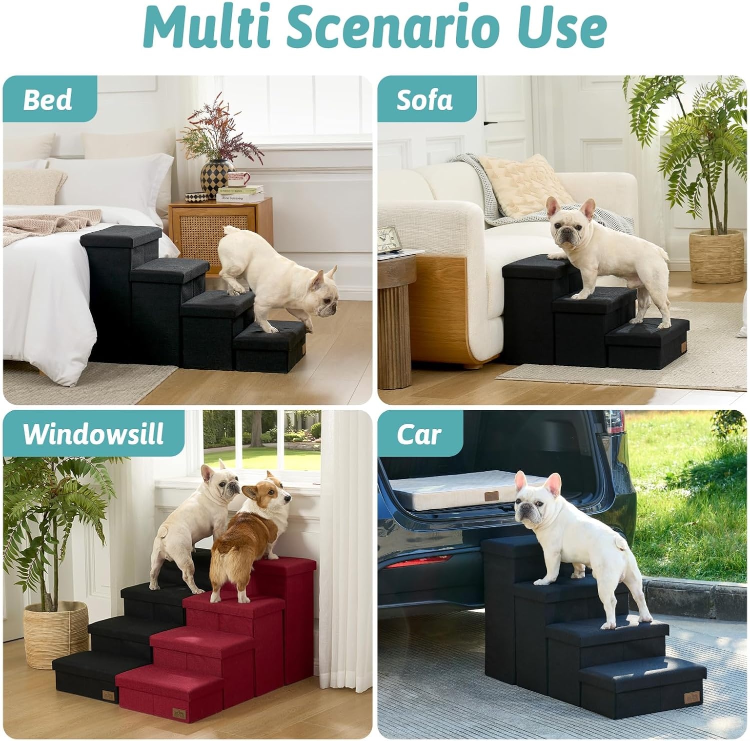image:imageDog Stairs with Storage 3Step Wider Sturdy Dog Steps for SmallMediumLarge Dogs and Older Cats Folding Doggie Ramp for BedCouchCar Hold Up to 180 lbs 167 H GreyBlack