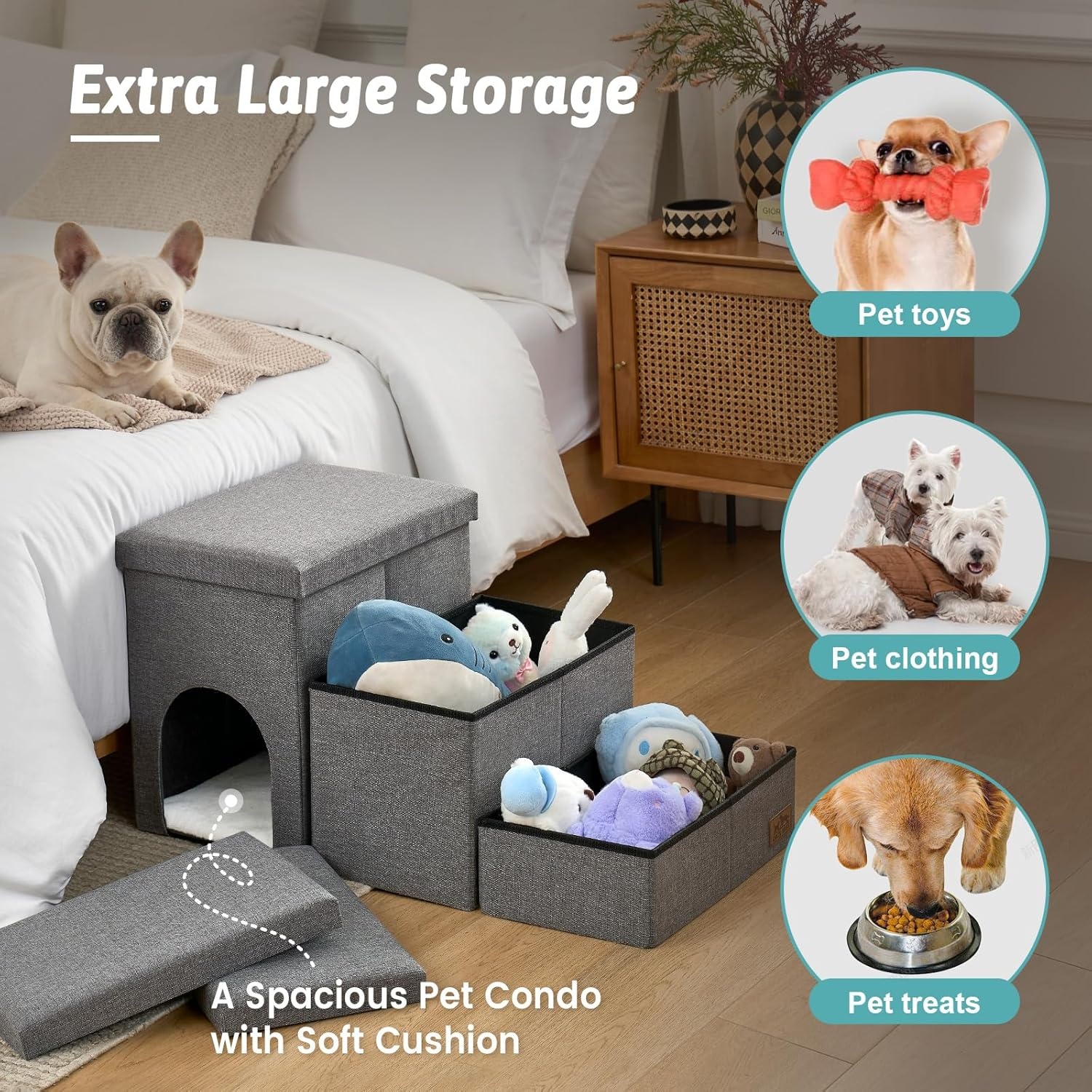 image:imageDog Stairs with Storage 3Step Wider Sturdy Dog Steps for SmallMediumLarge Dogs and Older Cats Folding Doggie Ramp for BedCouchCar Hold Up to 180 lbs 167 H GreyGrey