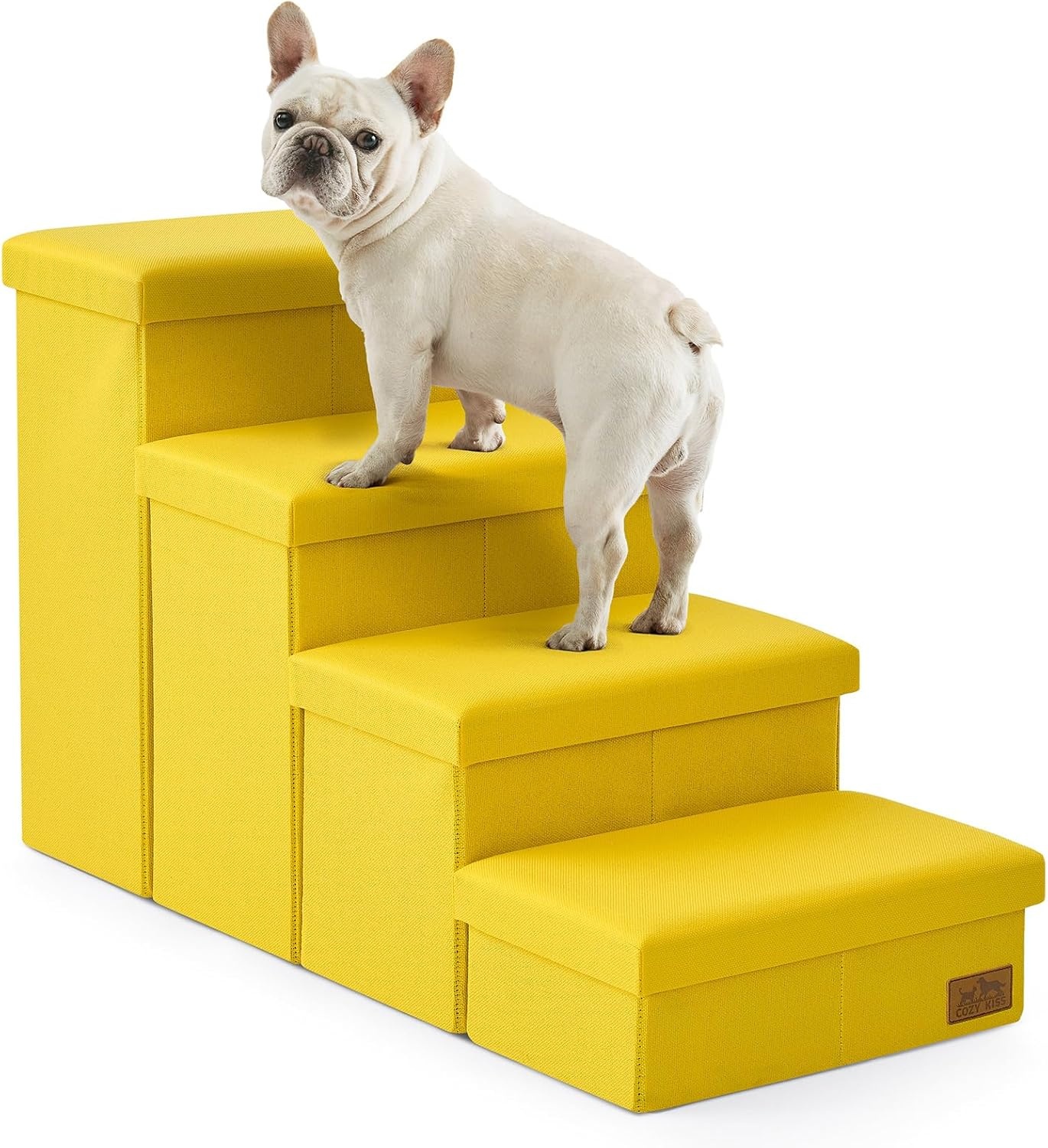 image:imageDog Stairs with Storage 3Step Wider Sturdy Dog Steps for SmallMediumLarge Dogs and Older Cats Folding Doggie Ramp for BedCouchCar Hold Up to 180 lbs 167 H GreyYellow