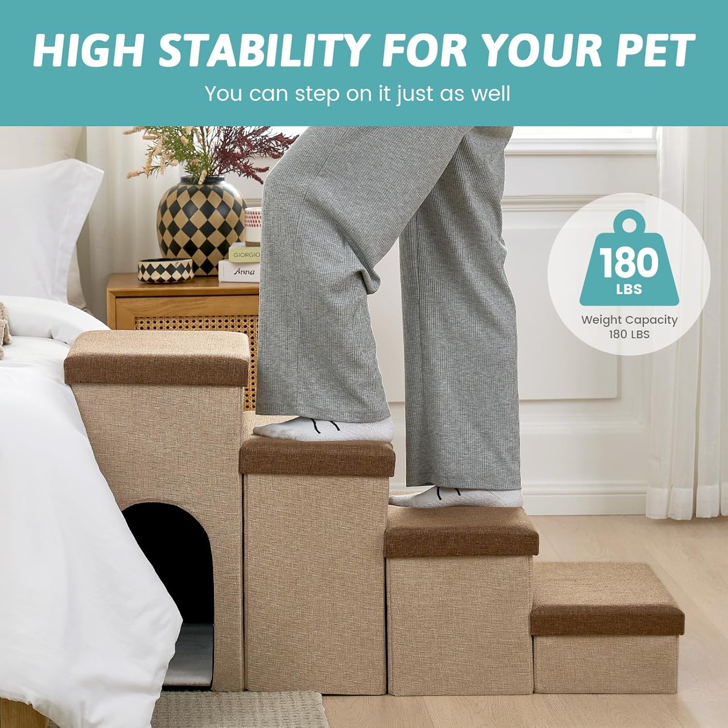image:imageDog Stairs with Storage 3Step Wider Sturdy Dog Steps for SmallMediumLarge Dogs and Older Cats Folding Doggie Ramp for BedCouchCar Hold Up to 180 lbs 167 H GreyBrown