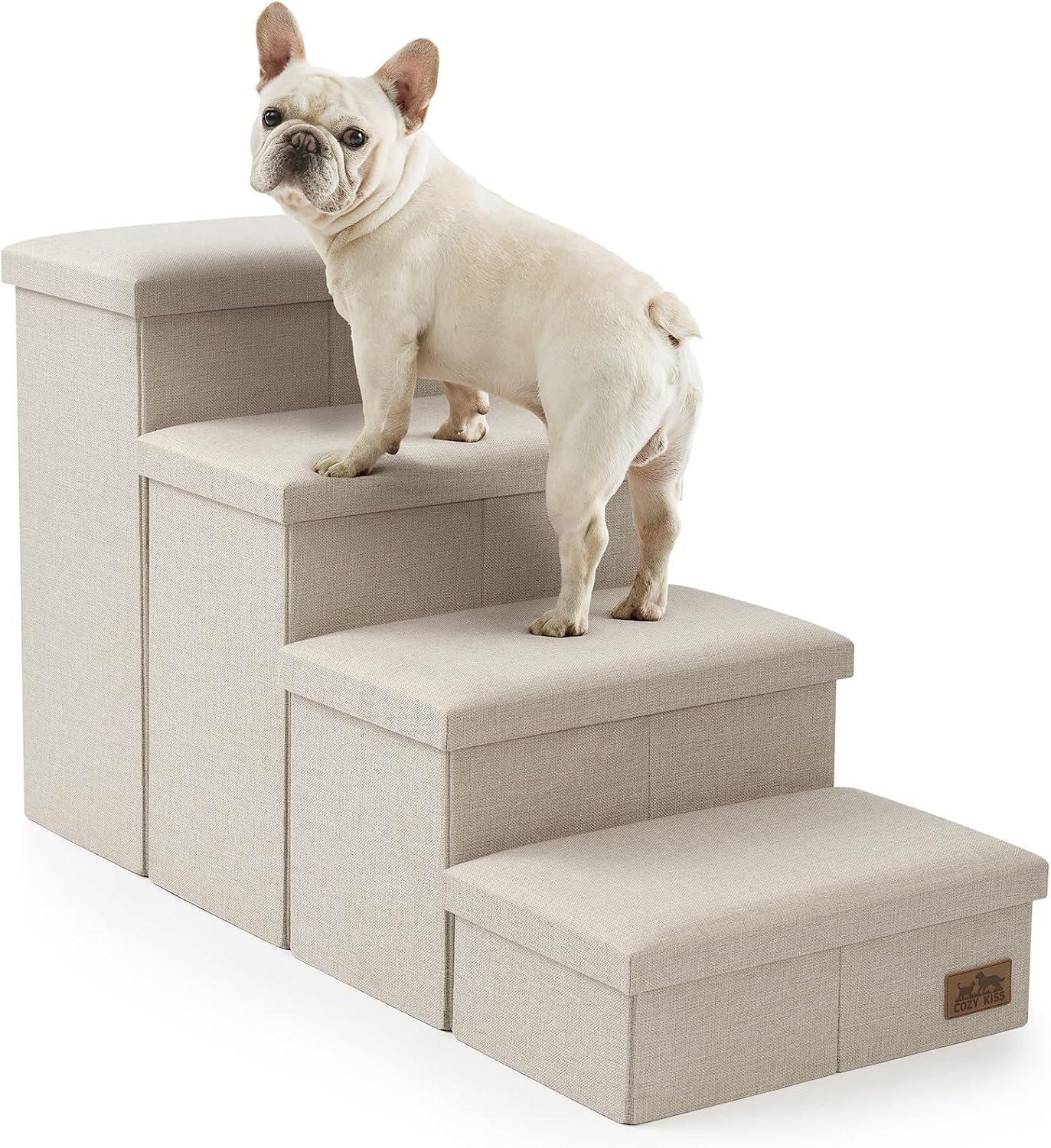 image:imageDog Stairs with Storage 3Step Wider Sturdy Dog Steps for SmallMediumLarge Dogs and Older Cats Folding Doggie Ramp for BedCouchCar Hold Up to 180 lbs 167 H GreyBeige