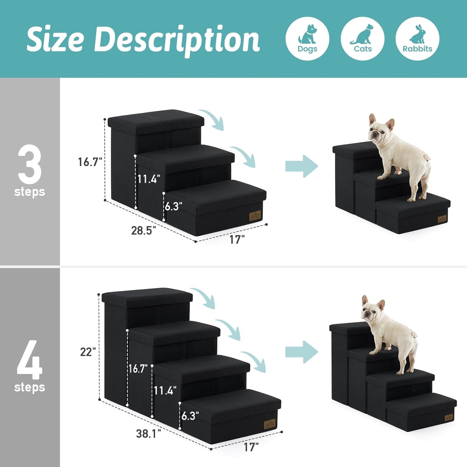 image:imageDog Stairs with Storage 3Step Wider Sturdy Dog Steps for SmallMediumLarge Dogs and Older Cats Folding Doggie Ramp for BedCouchCar Hold Up to 180 lbs 167 H GreyBlack