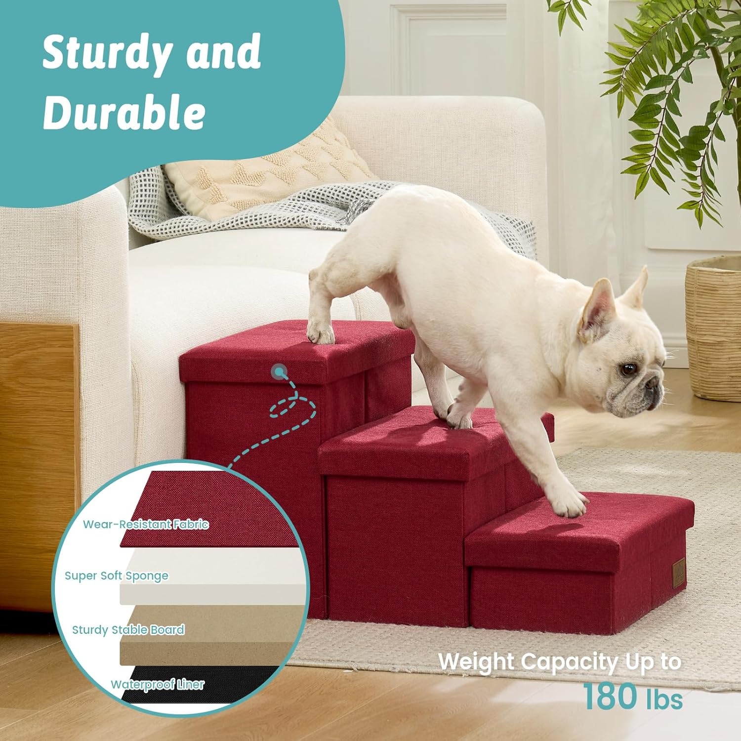 image:imageDog Stairs with Storage 3Step Wider Sturdy Dog Steps for SmallMediumLarge Dogs and Older Cats Folding Doggie Ramp for BedCouchCar Hold Up to 180 lbs 167 H GreyBurgundy