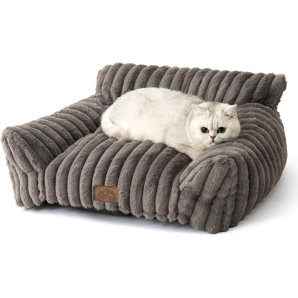 image:imageCOZY KISS Cute Cat Couch Fluffy Sofa Bed for Cats and Small Dogs Premium Faux Rabbit Fur Cats beds for Indoor Cat UltraSoft Supportive Pet Couch Furniture Grey S 255x175Grey