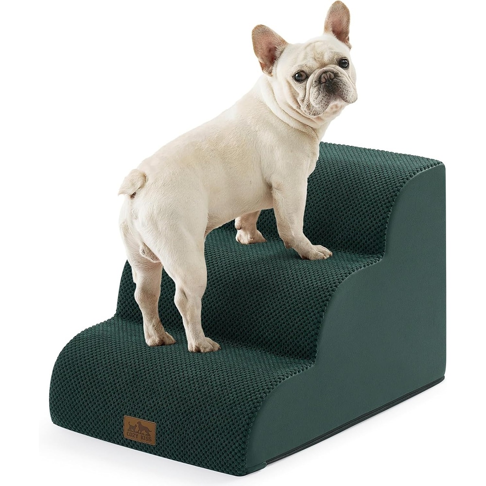 image:imageCOZY KISS Dog Stairs for Small Dog 226 H Curved Pet Step for Puppy Older Cat Medium Pet Ramp for High Bed Ladder with High Density Foam Durable 5 Step 157x33x226 inch GreyDark Green