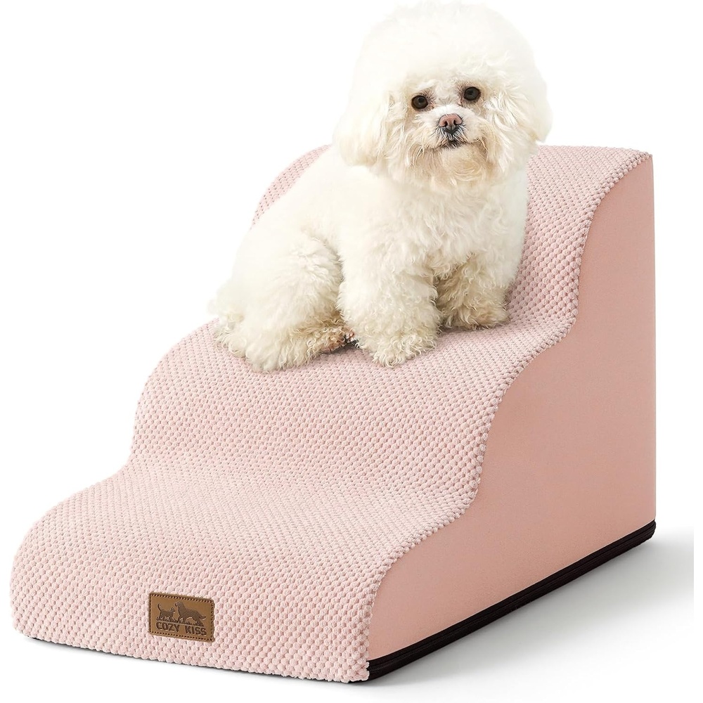 image:imageCOZY KISS Dog Stairs for Small Dog 226 H Curved Pet Step for Puppy Older Cat Medium Pet Ramp for High Bed Ladder with High Density Foam Durable 5 Step 157x33x226 inch GreyPink