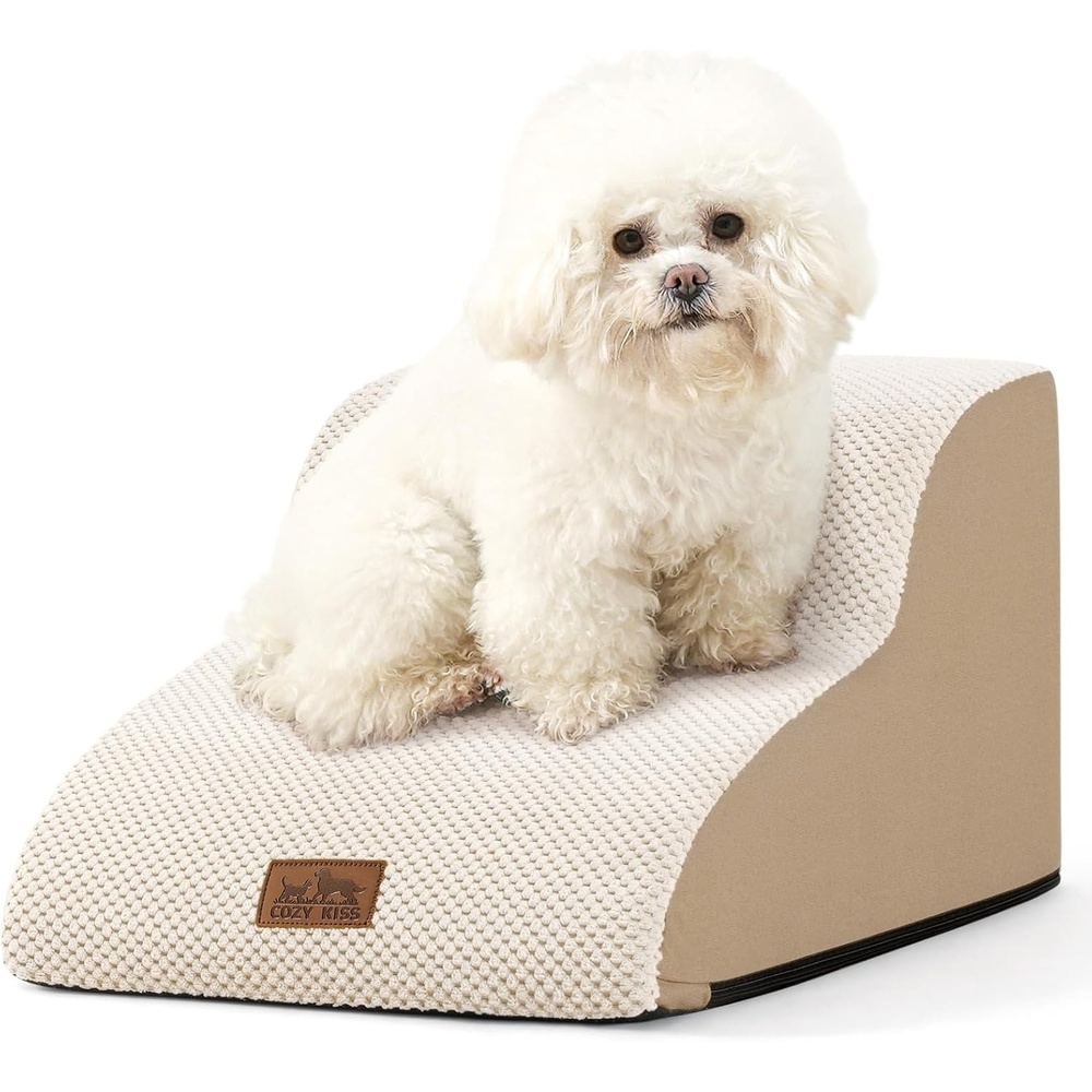 image:imageCOZY KISS Dog Stairs for Small Dog 226 H Curved Pet Step for Puppy Older Cat Medium Pet Ramp for High Bed Ladder with High Density Foam Durable 5 Step 157x33x226 inch GreyBeige