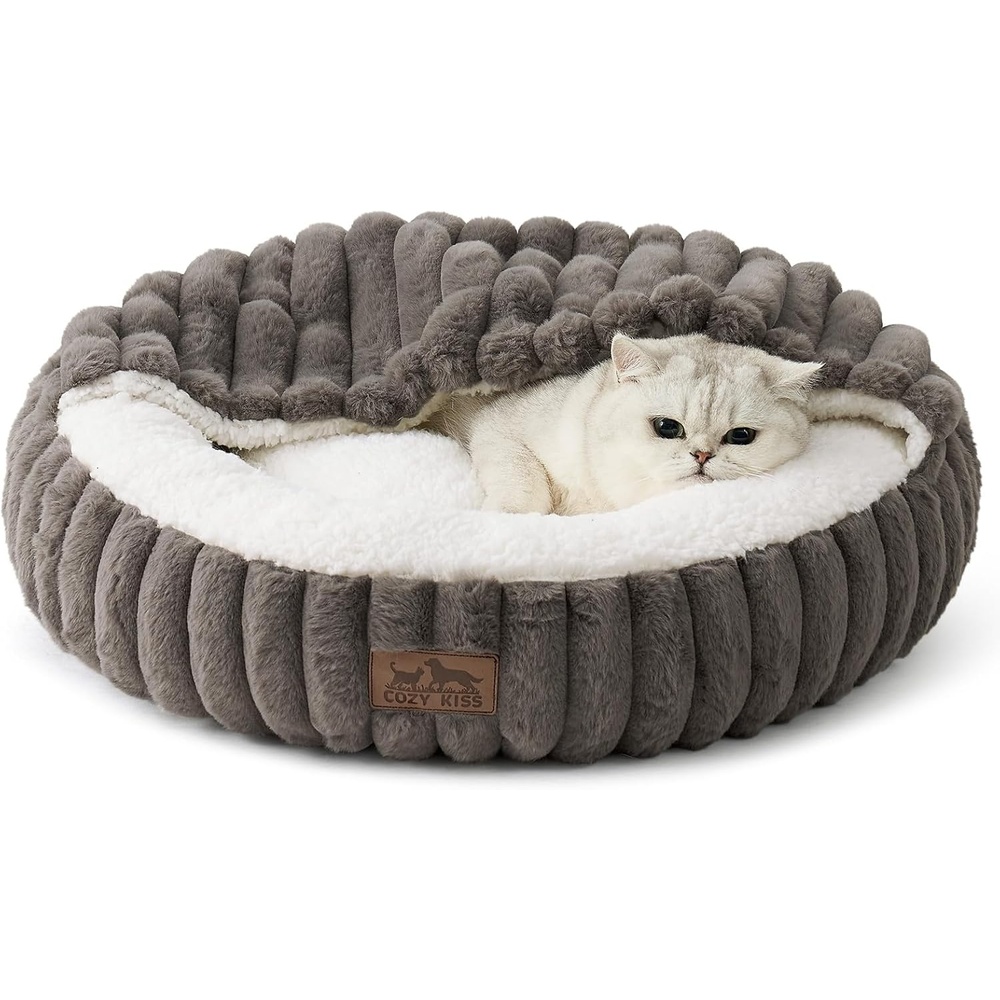 image:imageCat Bed with Hooded Blanket Round Fluffy AntiAnxiety Pet Bed for CatsToy Breed Dogs Cozy Donut Cuddler with Machine Washable Faux Fur amp AntiSlip Bottom20206GreyGrey