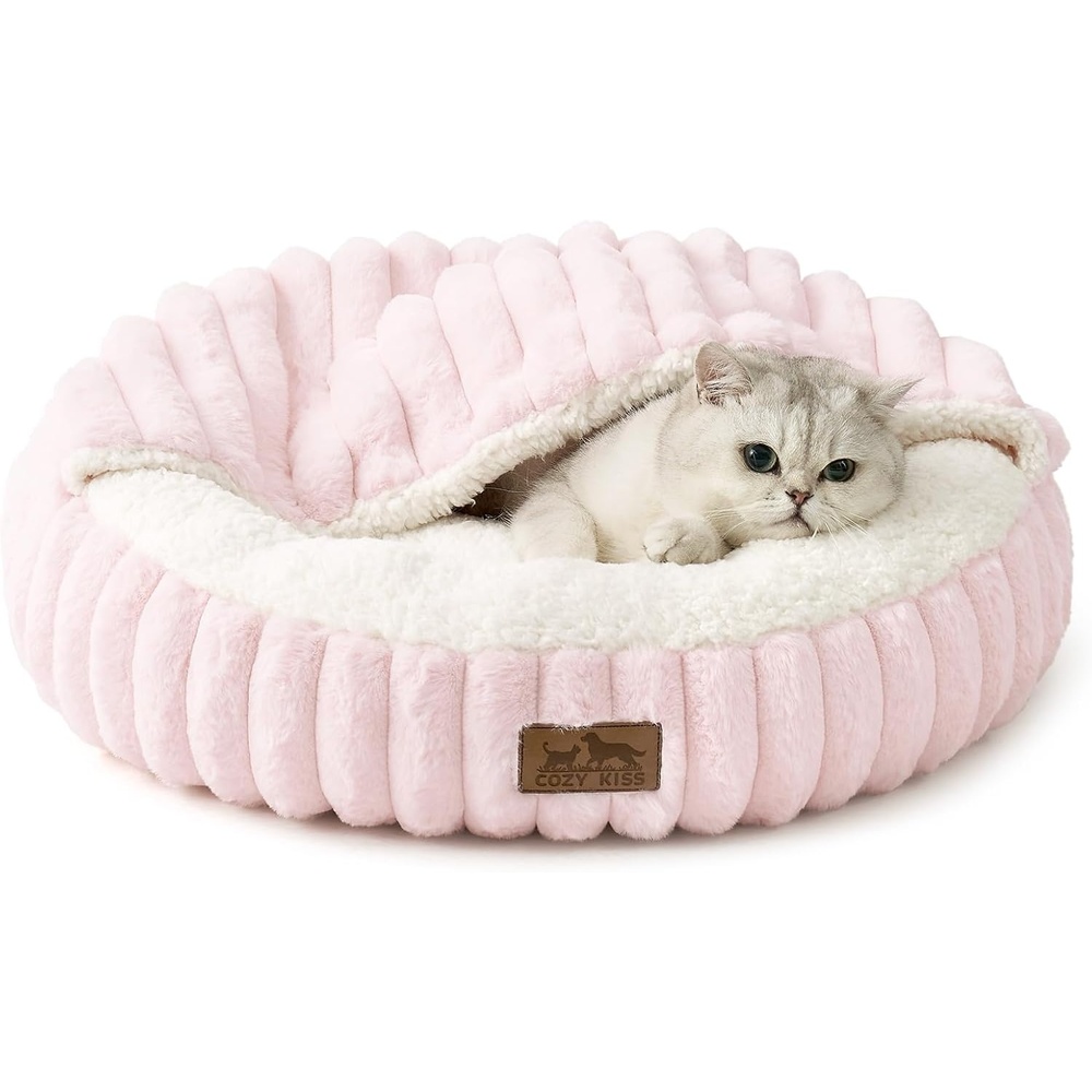 image:imageCat Bed with Hooded Blanket Round Fluffy AntiAnxiety Pet Bed for CatsToy Breed Dogs Cozy Donut Cuddler with Machine Washable Faux Fur amp AntiSlip Bottom20206GreyPink