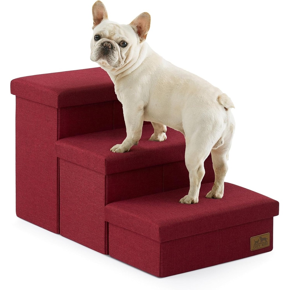 image:imageDog Stairs with Storage 3Step Wider Sturdy Dog Steps for SmallMediumLarge Dogs and Older Cats Folding Doggie Ramp for BedCouchCar Hold Up to 180 lbs 167 H GreyBurgundy