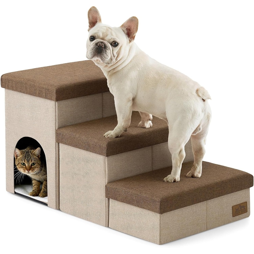 image:imageDog Stairs with Storage 3Step Wider Sturdy Dog Steps for SmallMediumLarge Dogs and Older Cats Folding Doggie Ramp for BedCouchCar Hold Up to 180 lbs 167 H GreyBrown